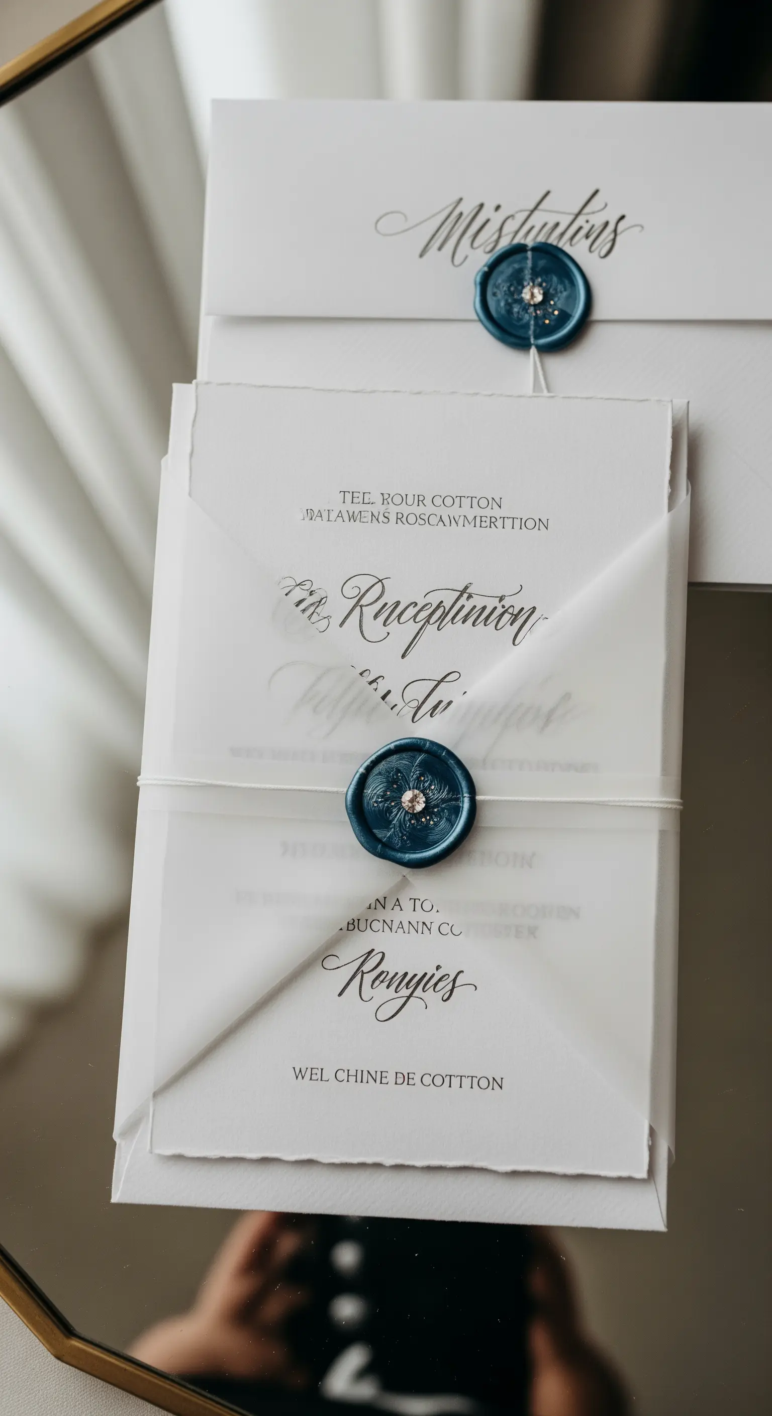 Inviti di nozze eleganti con busta traslucida e sigillo in ceralacca blu con cristalli.