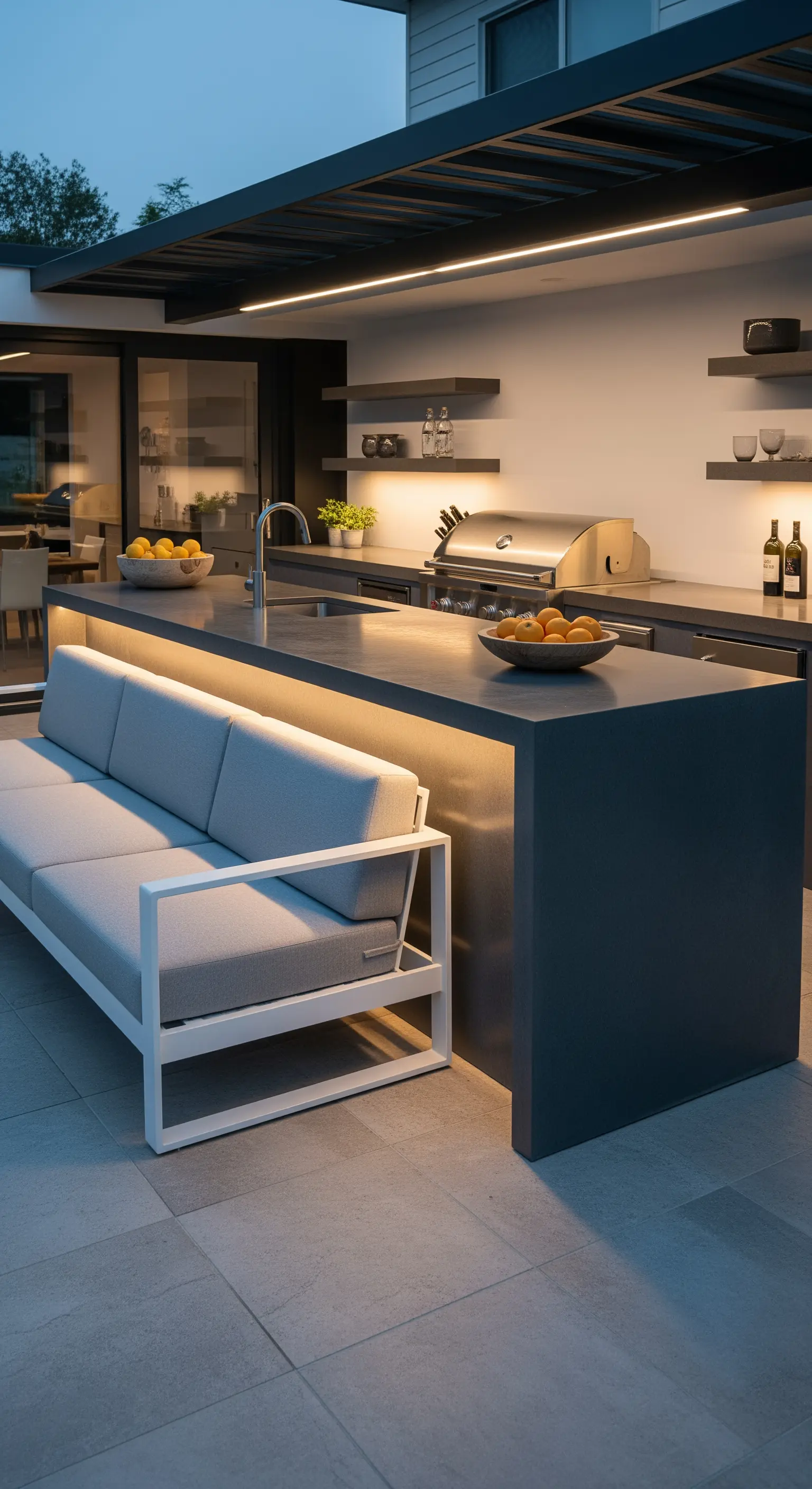 Cucina da esterno con isola grigia, divano integrato e illuminazione a LED sotto il piano lavoro.
