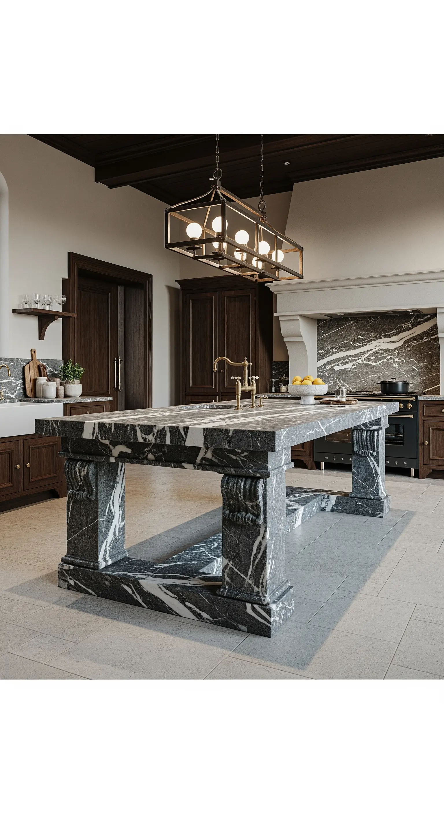 Grande isola-tavolo in marmo grigio con gambe scolpite in una cucina classica con mobili in legno scuro.