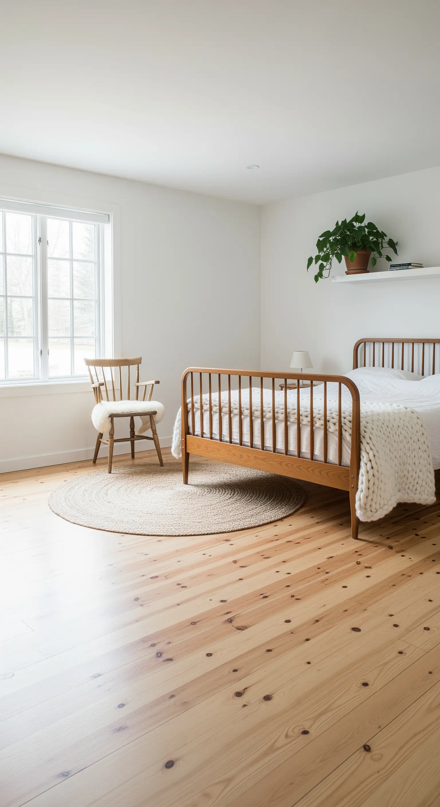 Letto in legno con listelli verticali e sedia in stile Shaker in una camera luminosa.