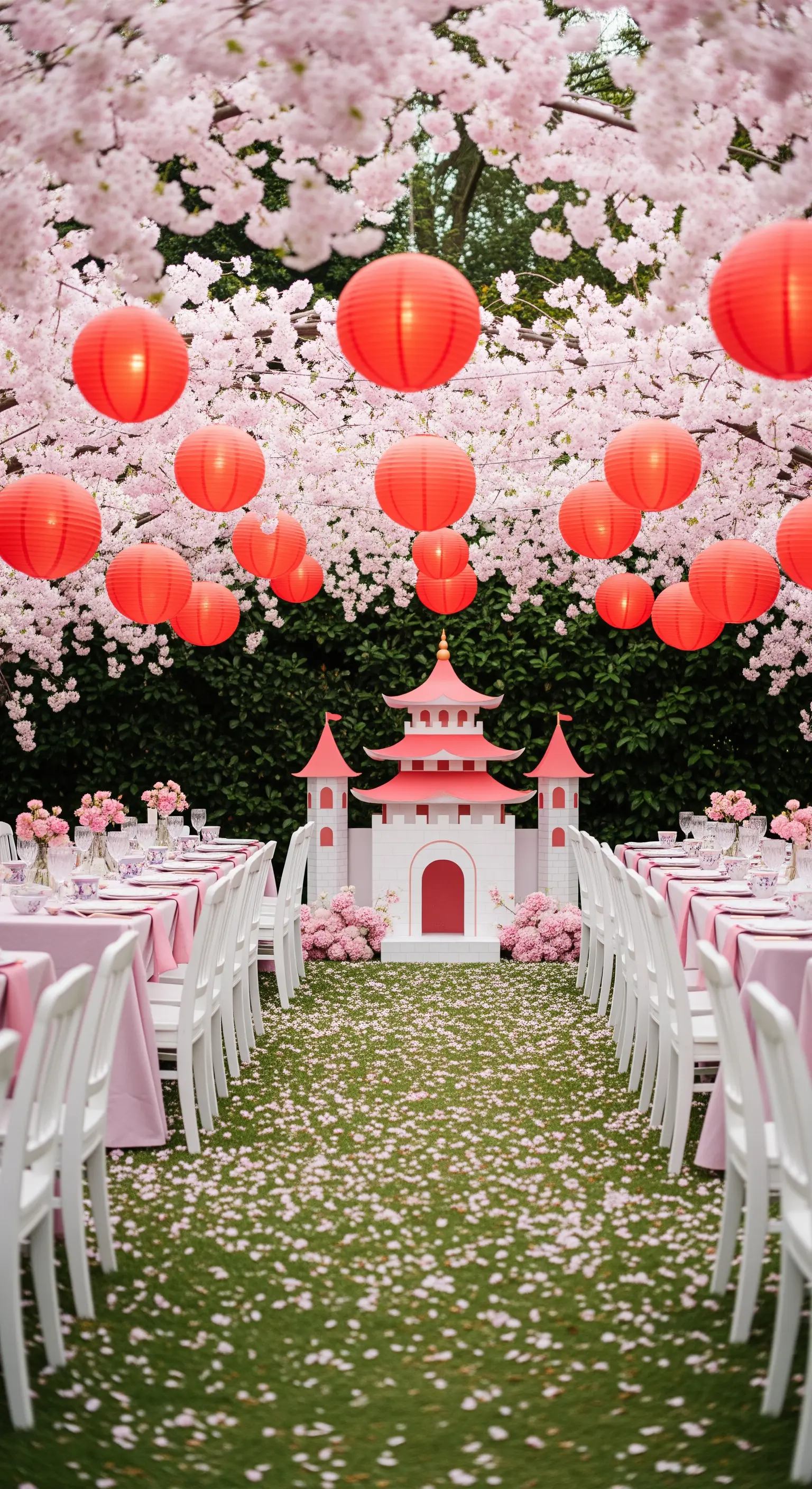 Festa in giardino a tema Mulan con fiori di ciliegio, lanterne rosse e una pagoda.