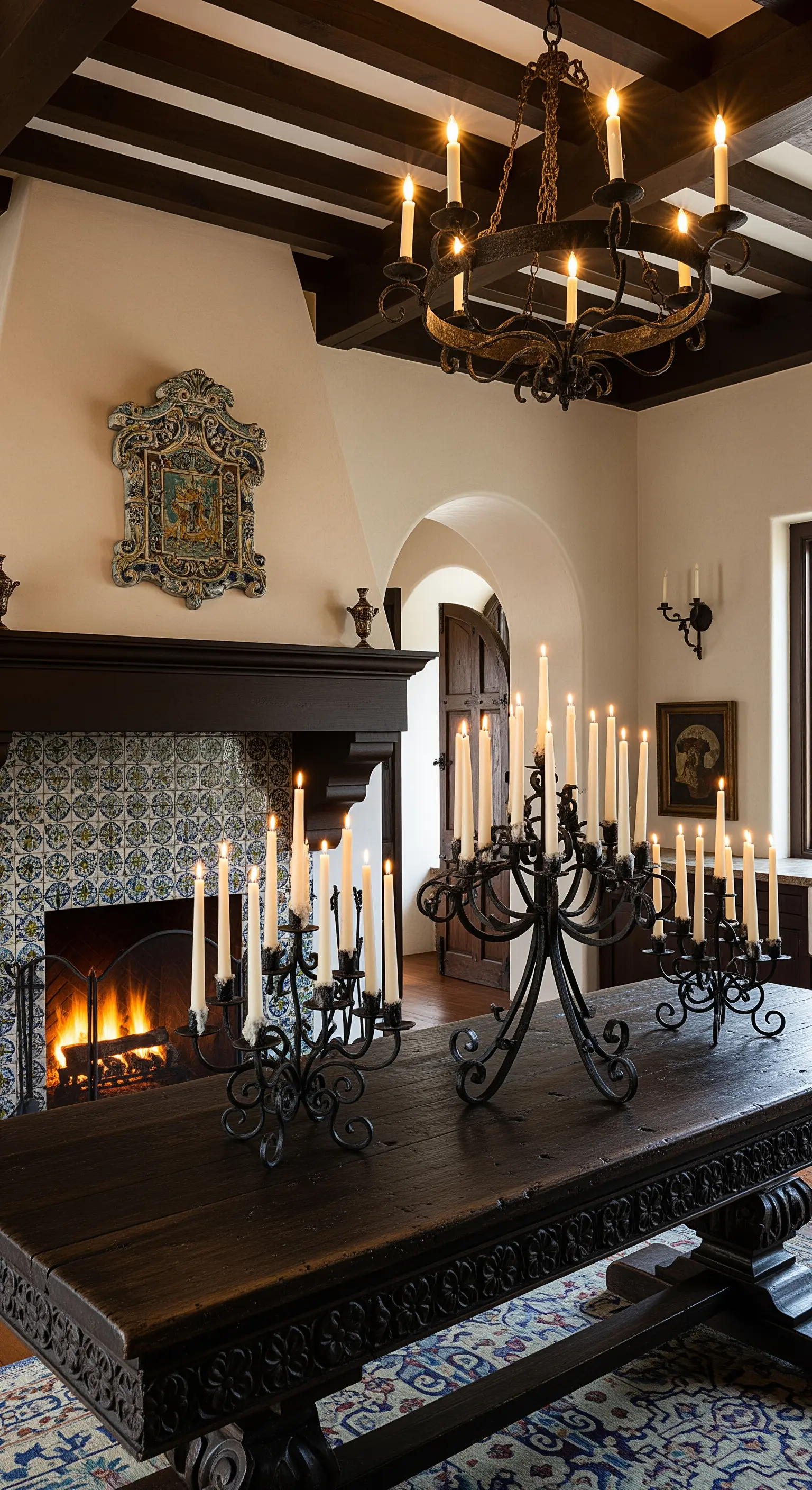 Sala da pranzo sontuosa con camino decorato, tavolo scuro e numerosi candelabri in ferro battuto.