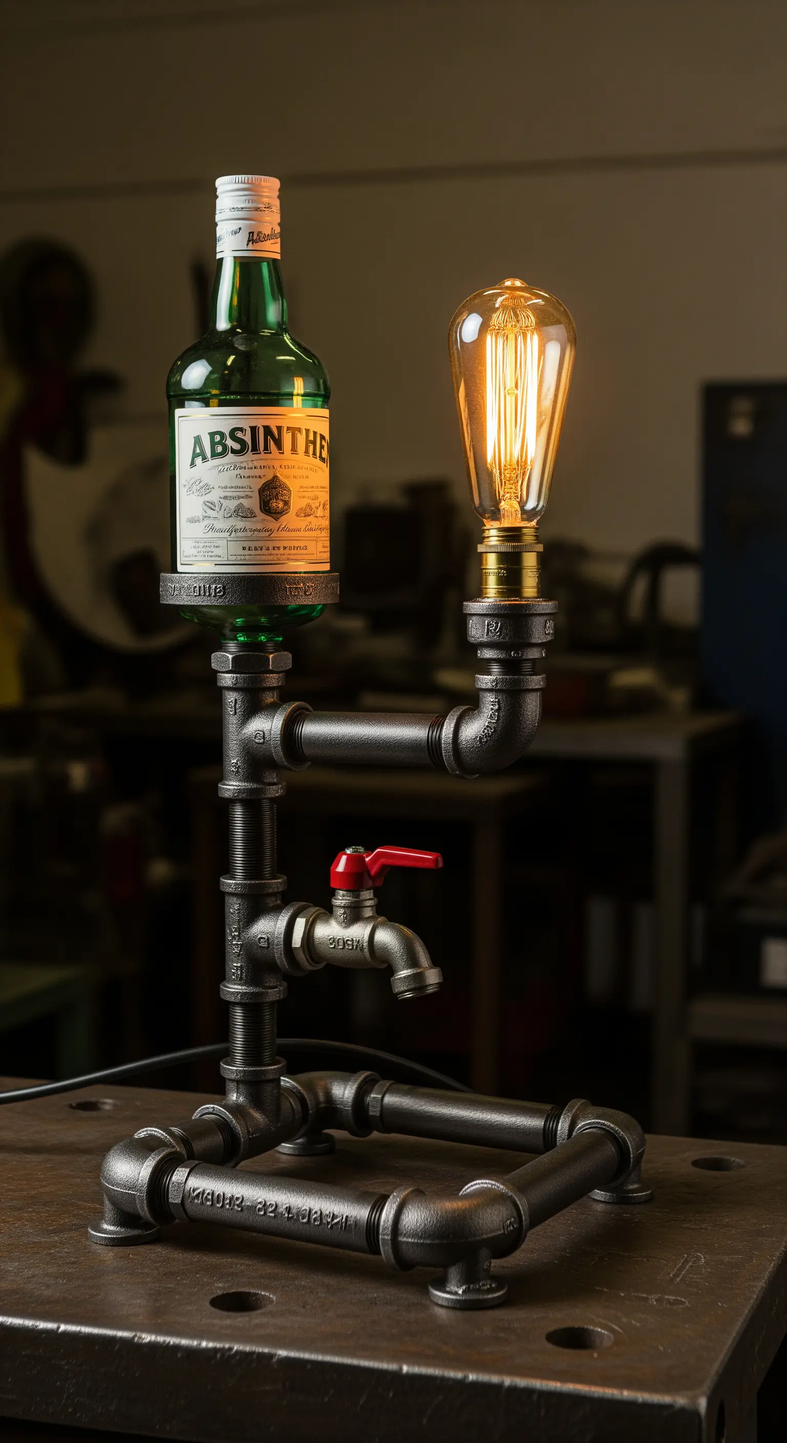 Lampada industrial con tubi idraulici neri che sorreggono una bottiglia di assenzio.