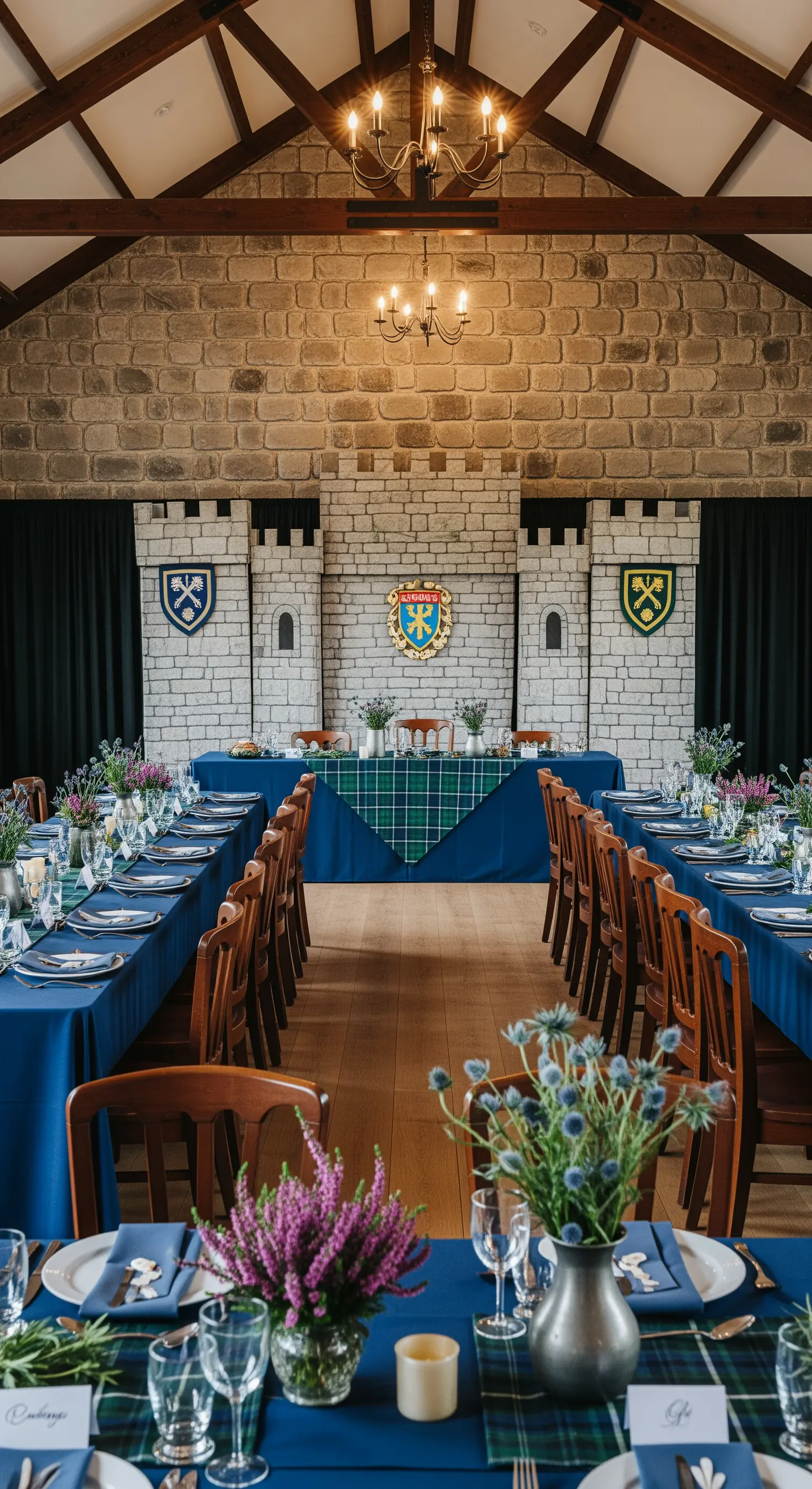 Tavolata a tema scozzese con tovaglie blu, runner tartan e uno sfondo a forma di castello.