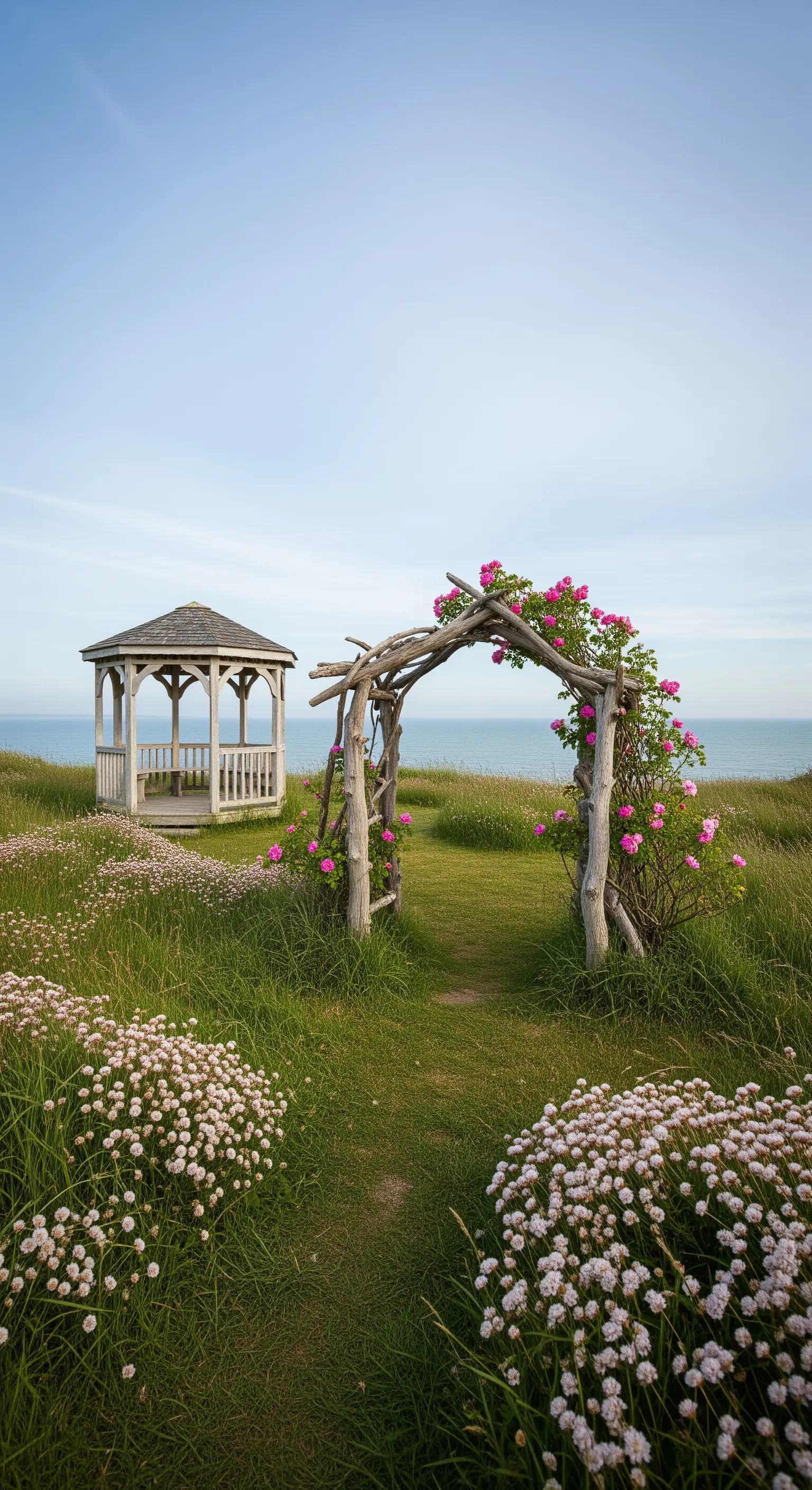 Arco rustico in legno e gazebo affacciati sul mare, circondati da erba alta e fiori di campo.