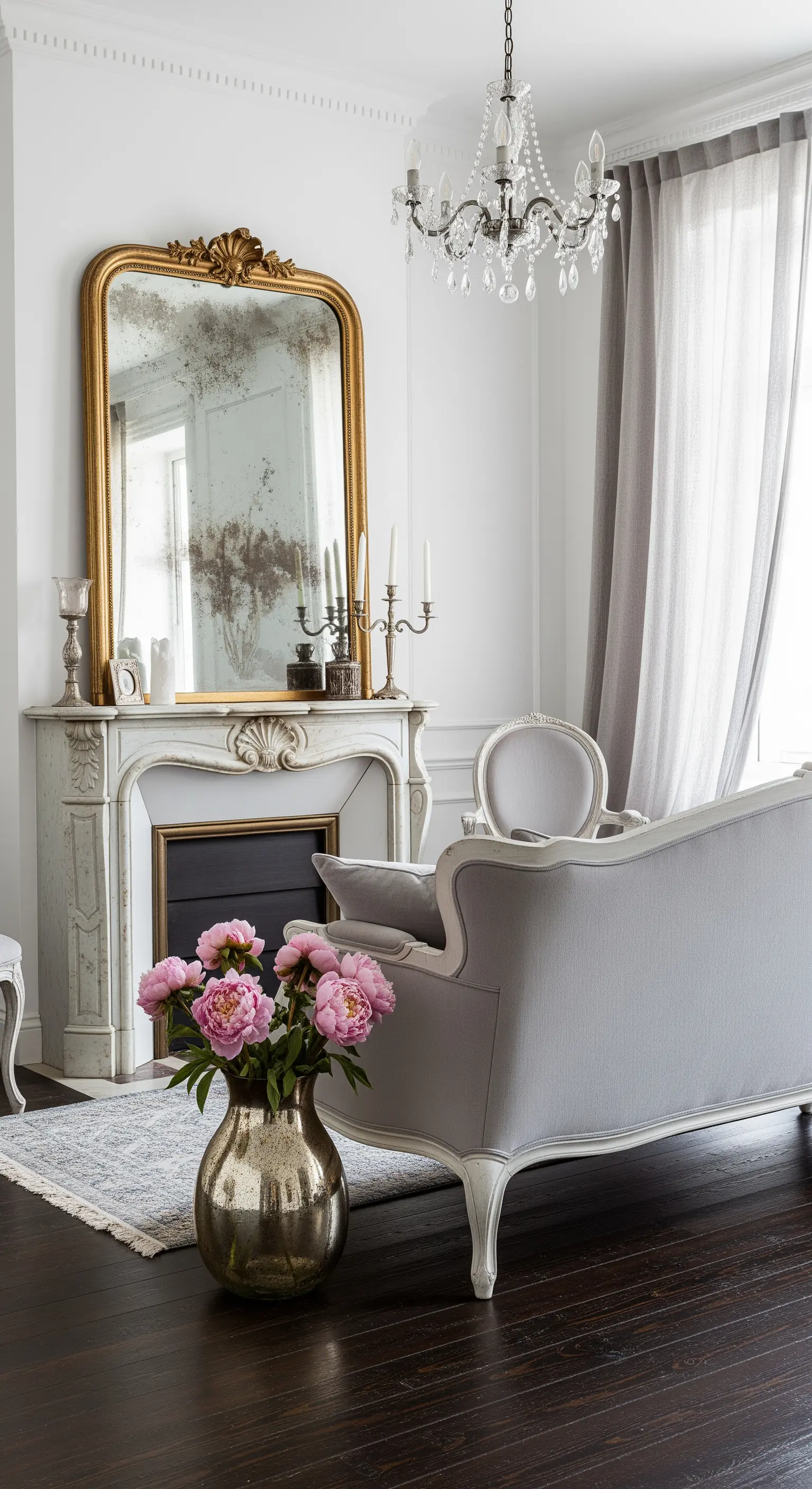 Specchio dorato anticato sopra un camino in marmo in un soggiorno elegante.