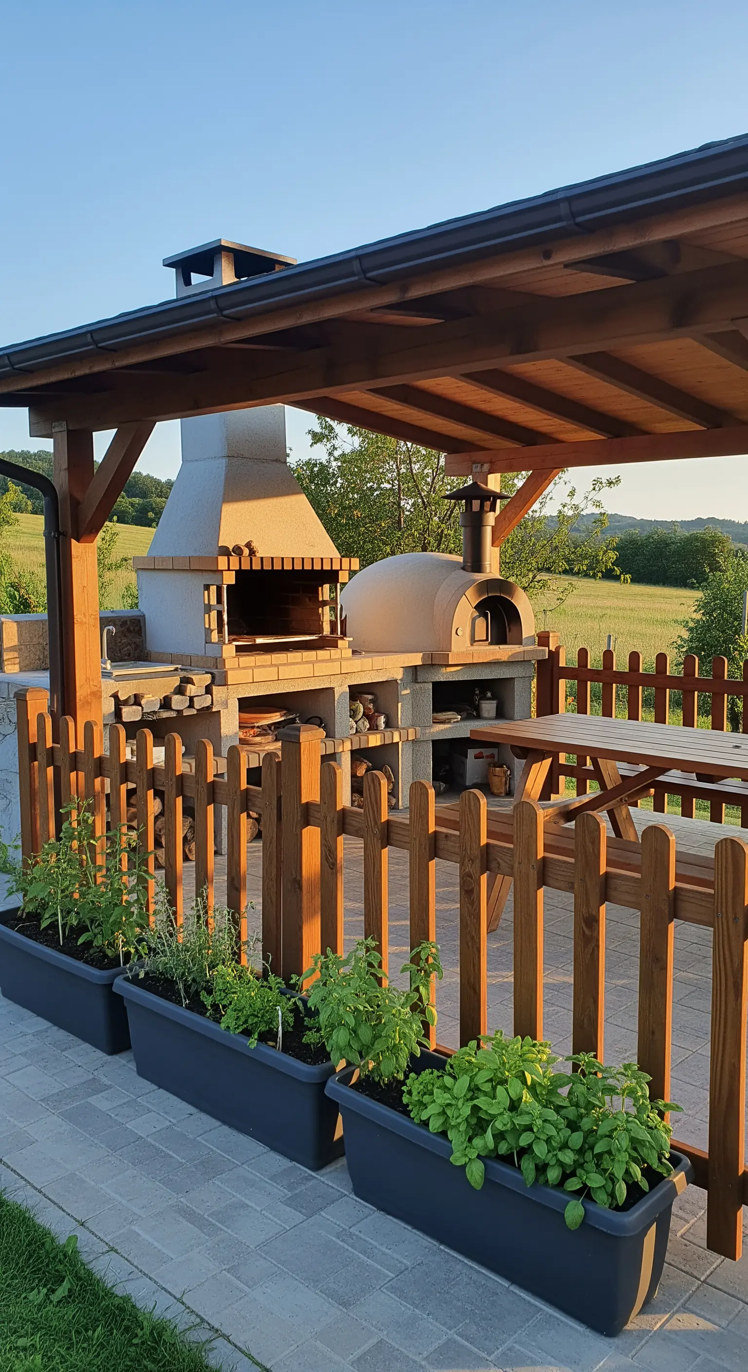 Cucina all'aperto con forno a legna e fioriere di erbe aromatiche.