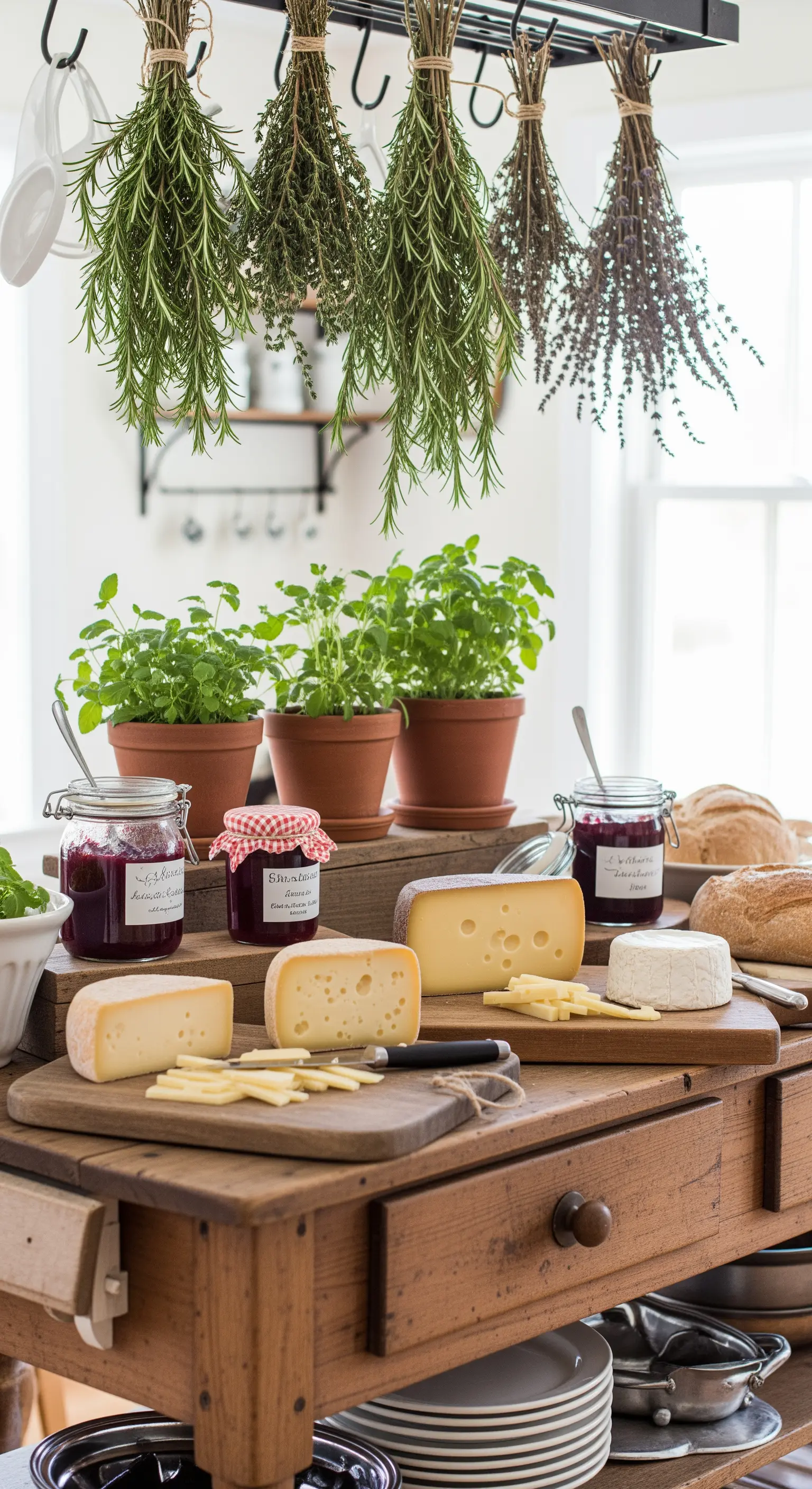 Buffet di formaggi e marmellate con vasi di erbe aromatiche e mazzi appesi a essiccare.