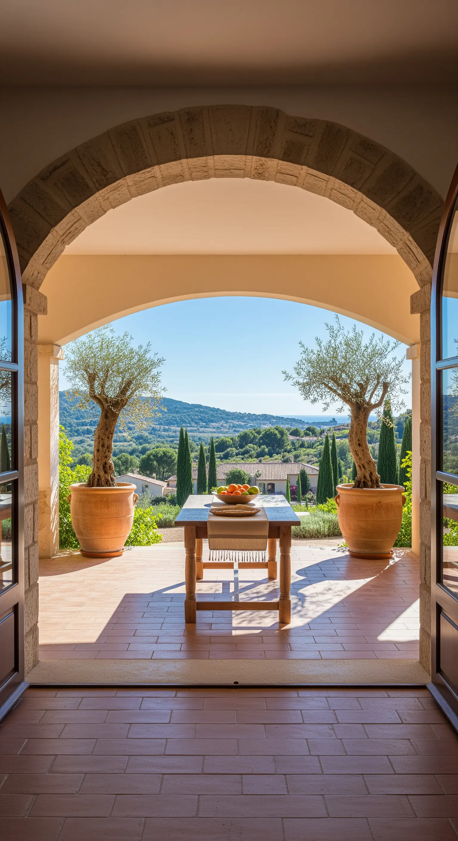 Vista attraverso una porta ad arco su un portico che si affaccia su colline verdi.