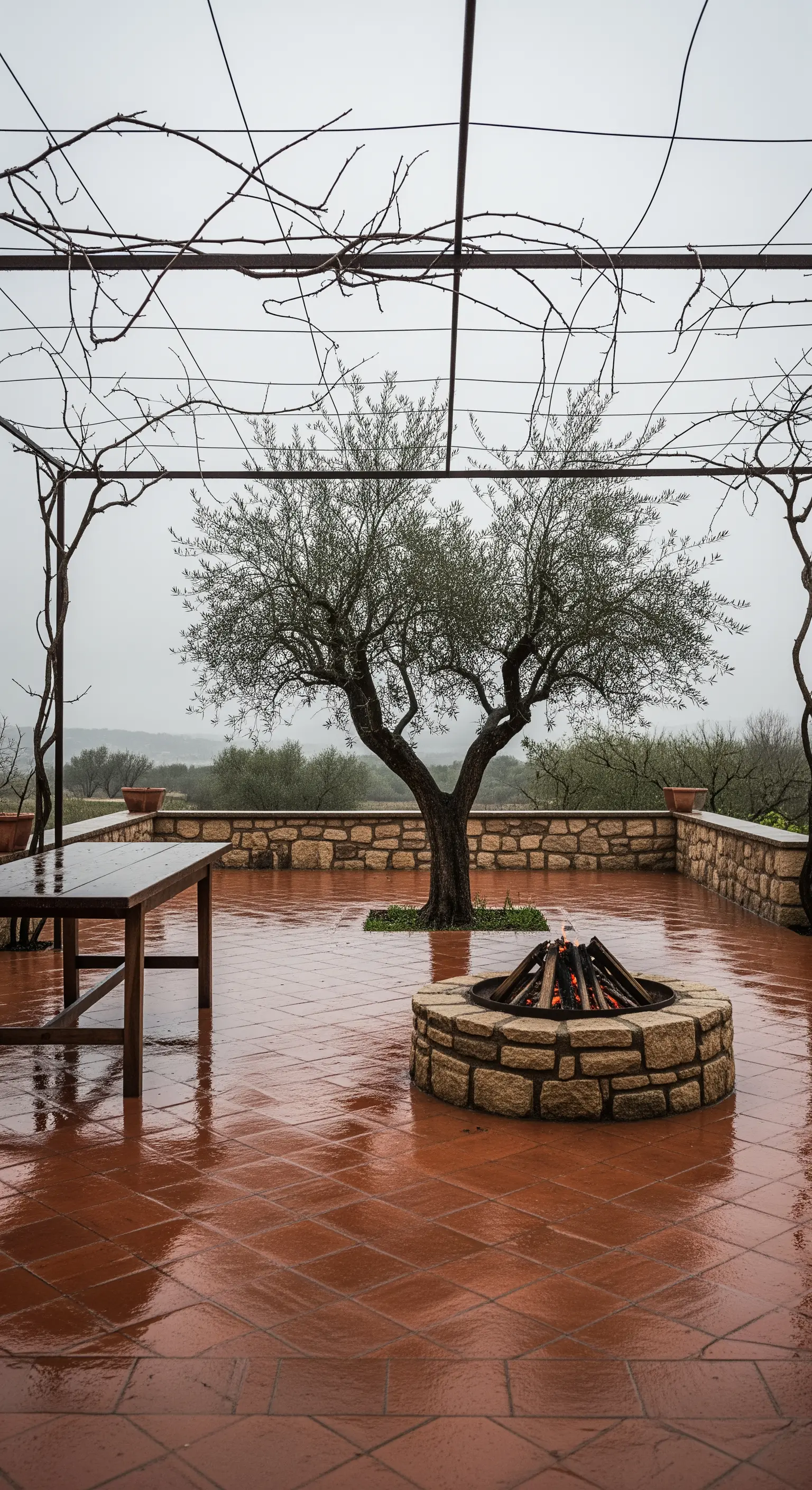 Patio in cotto bagnato dalla pioggia, con un braciere in pietra e un ulivo.