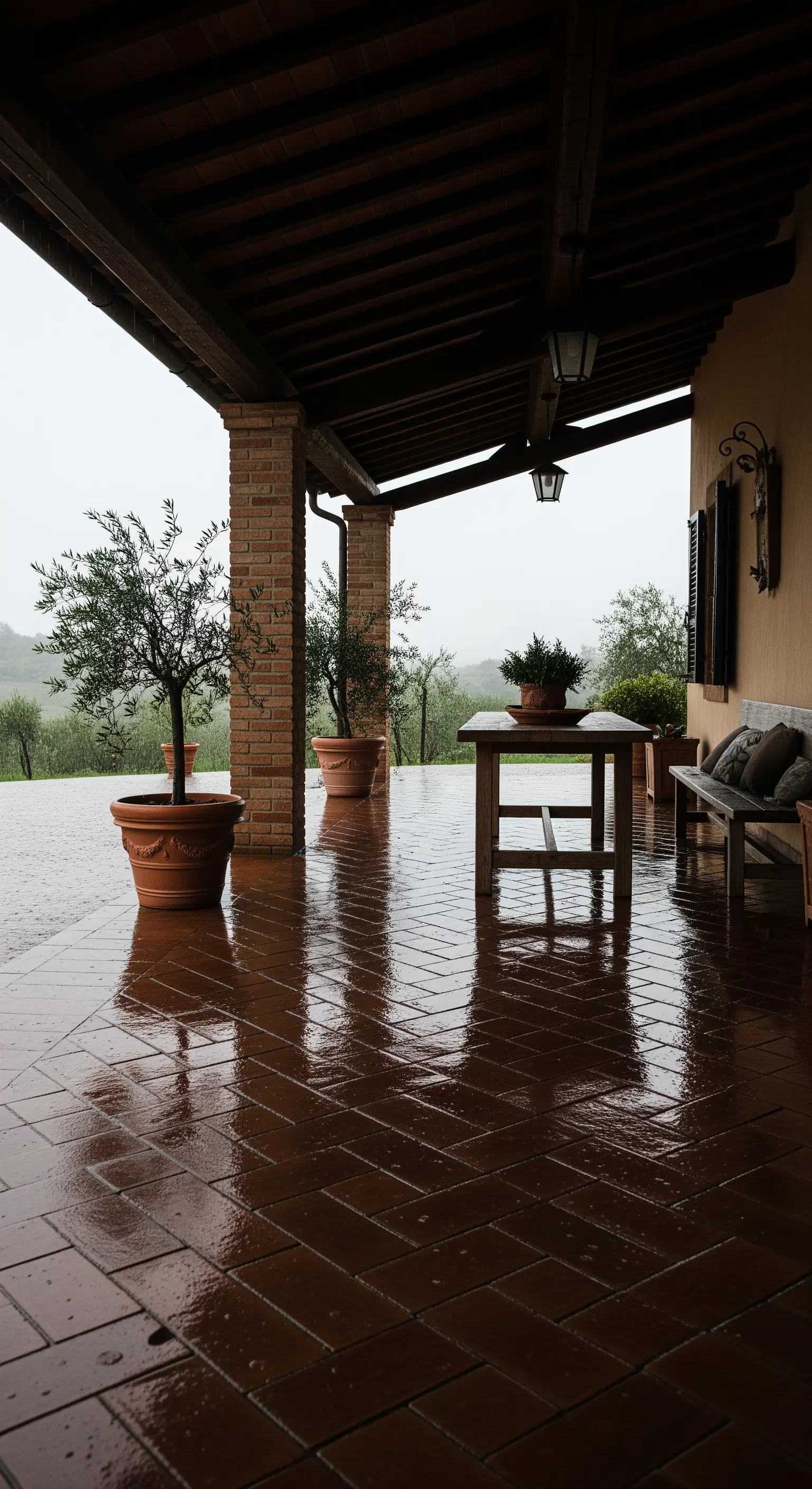 Portico con pavimento in cotto bagnato dalla pioggia, che riflette il paesaggio.