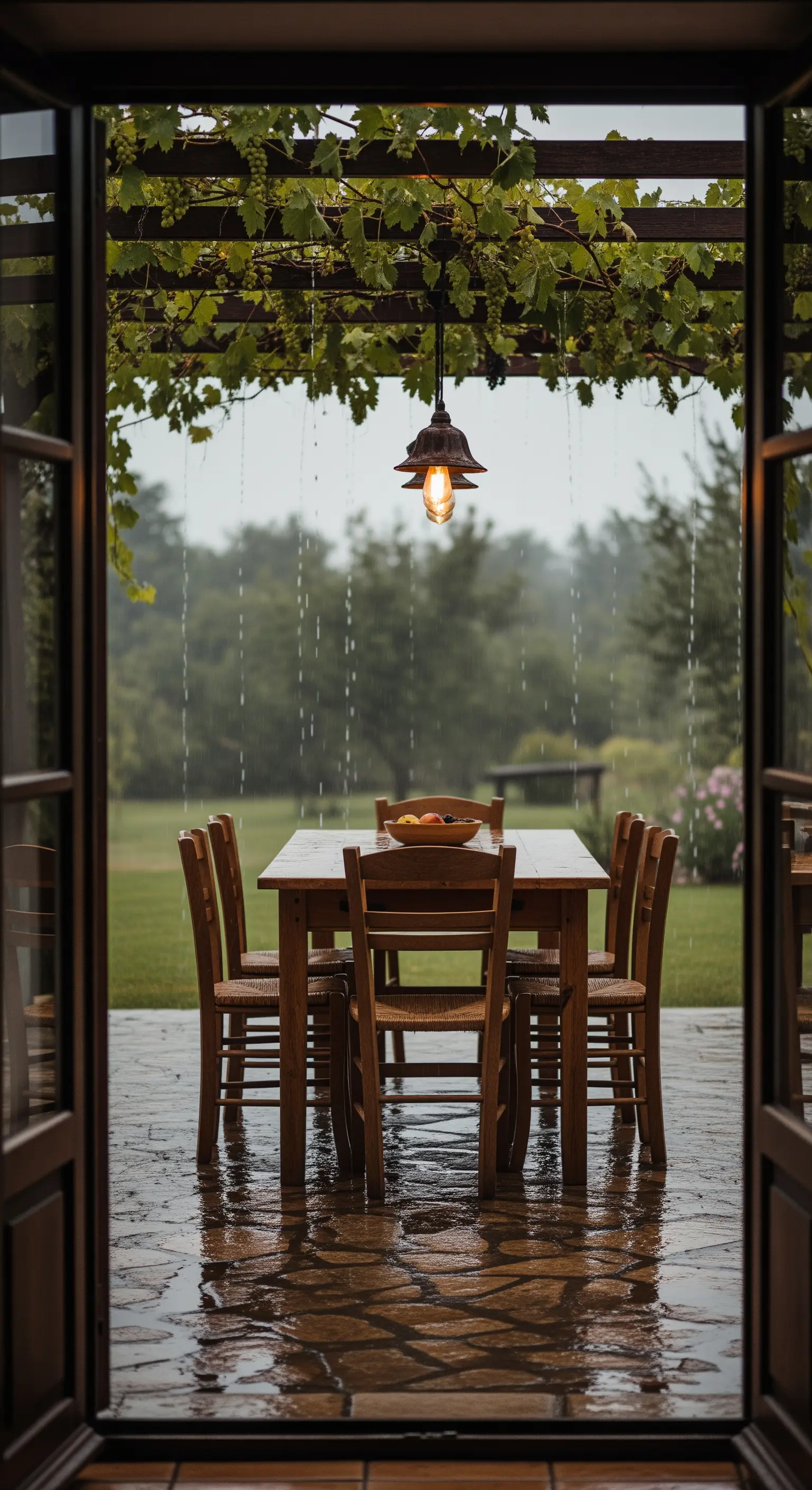 Veranda rustica sotto la pioggia, con tavolo in legno e lampada vintage accesa