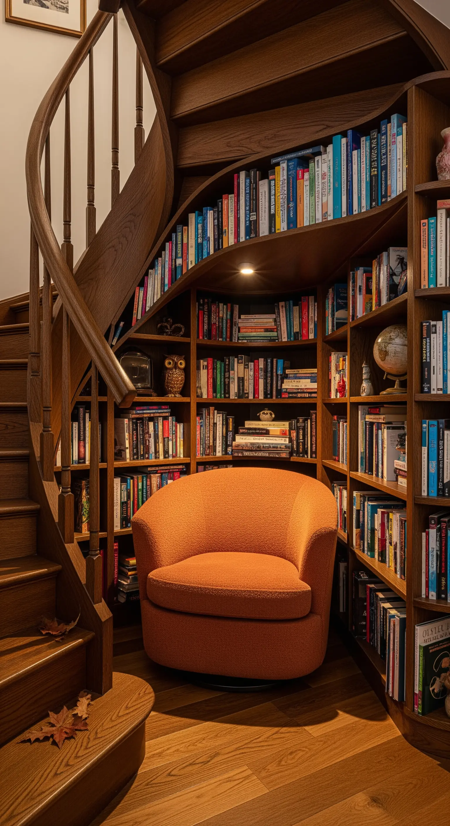 Libreria curva su misura sotto una scala a chiocciola in legno, con poltrona arancione.