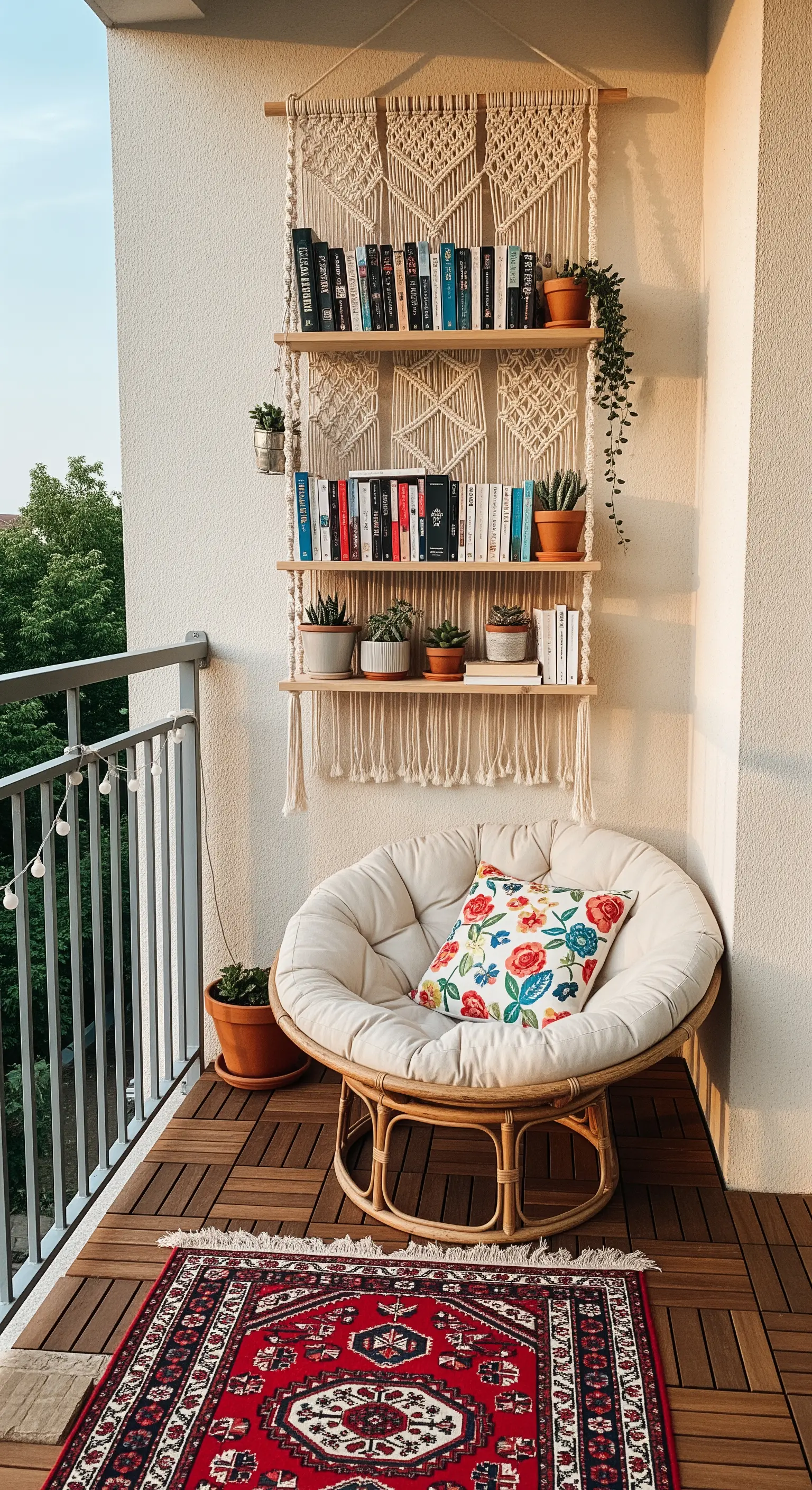 Angolo lettura su balcone con poltrona Papasan, libreria in macramè e tappeto persiano.