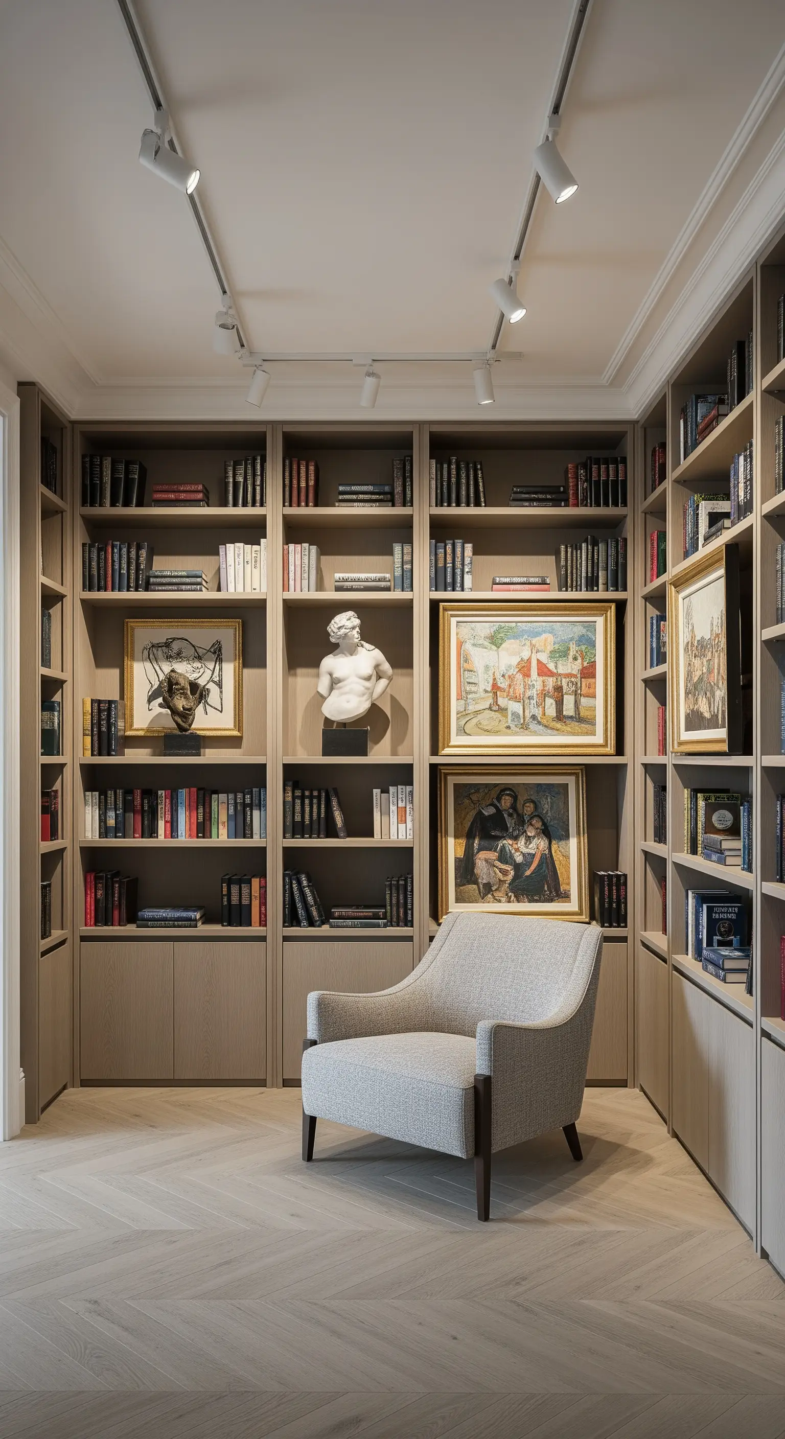 Libreria in legno che incornicia quadri e sculture, con illuminazione a faretti.