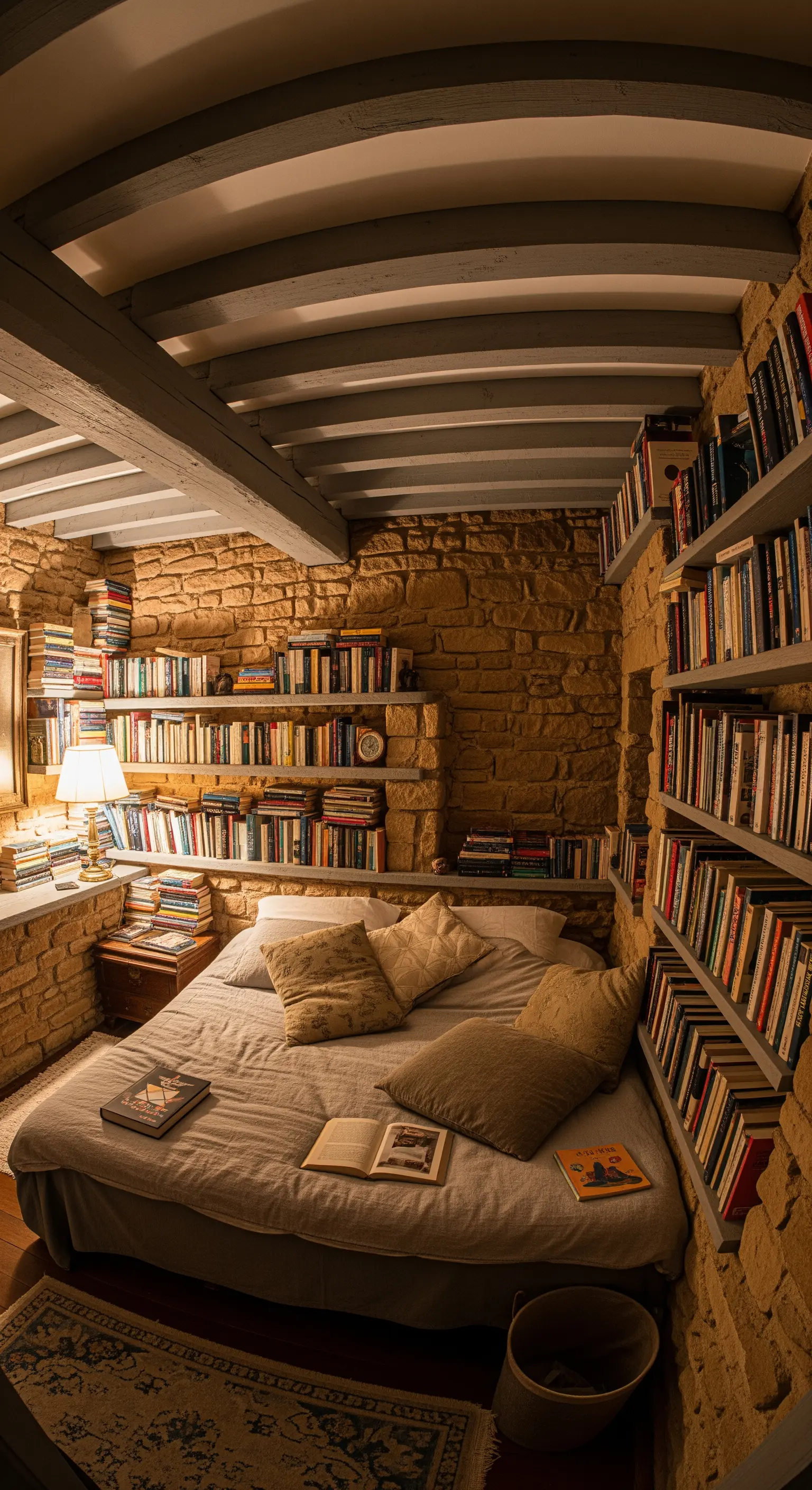 Camera da letto piccola e accogliente, completamente circondata da librerie incassate nel muro di pietra.