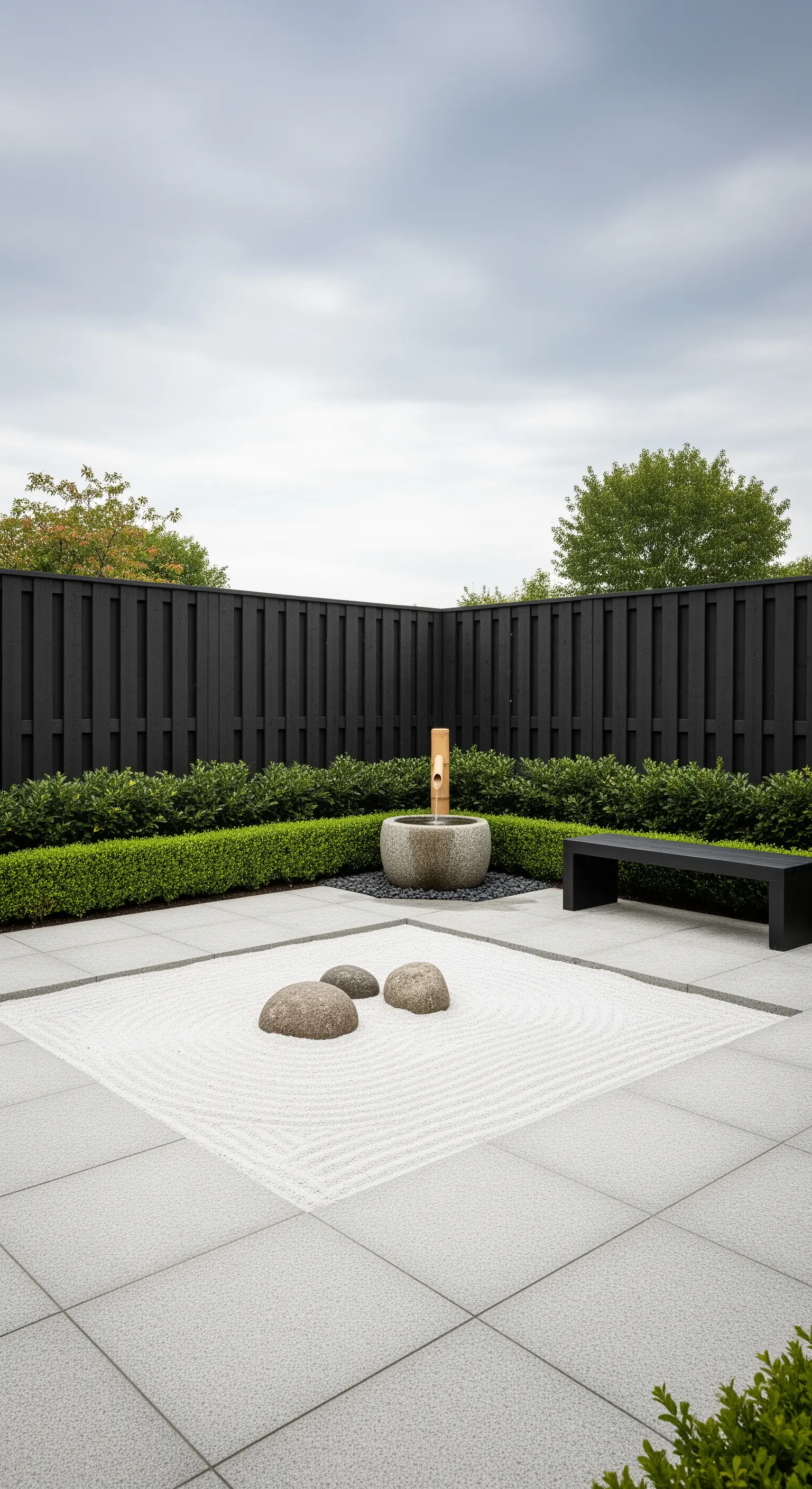 Giardino zen minimalista con sabbia bianca rastrellata, rocce, una fontana in bambù e una staccionata nera