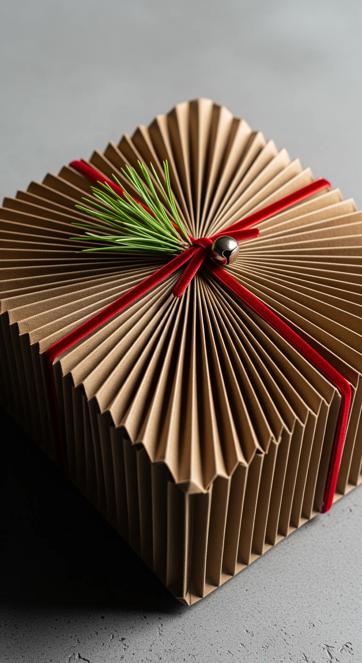 Pacchetto regalo realizzato con carta kraft pieghettata e un sottile nastro rosso.