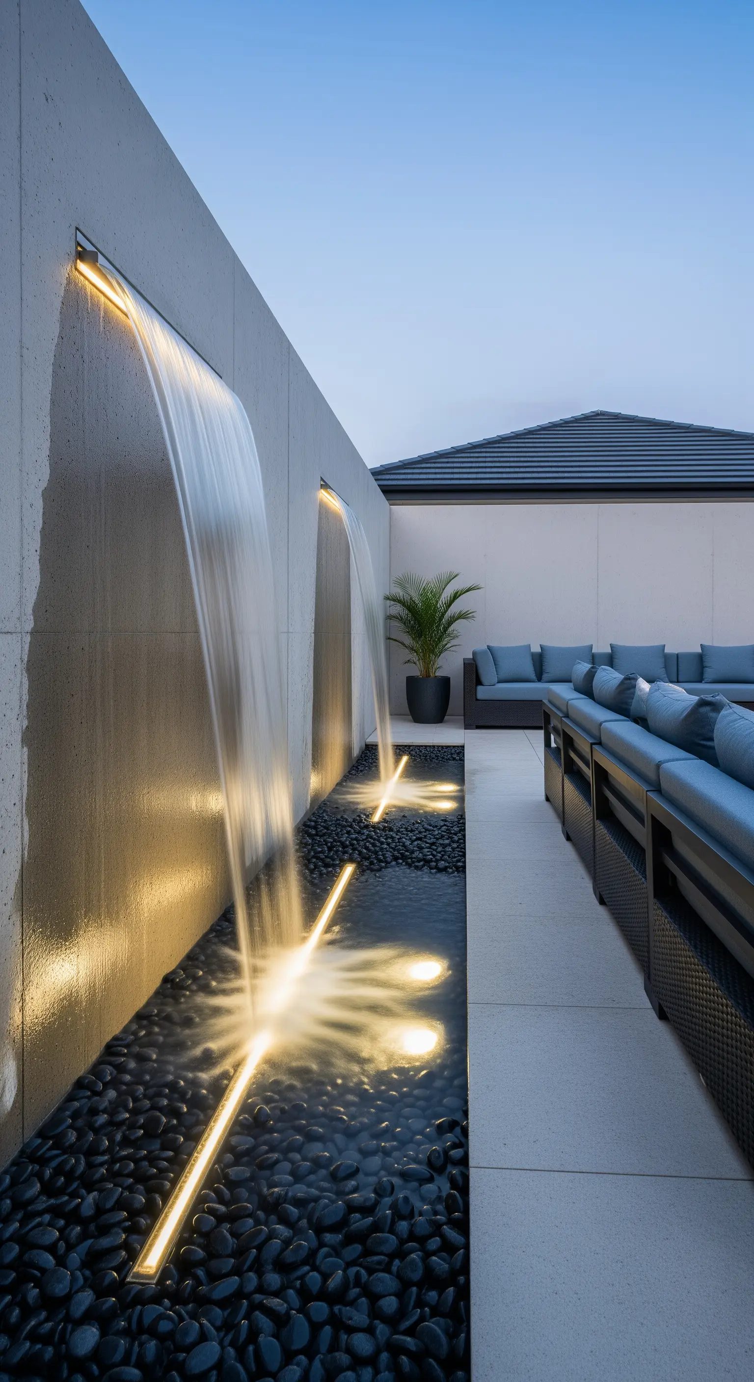 Fontana a cascata da una parete di cemento, illuminata da luci a LED immerse in un letto di ciottoli.
