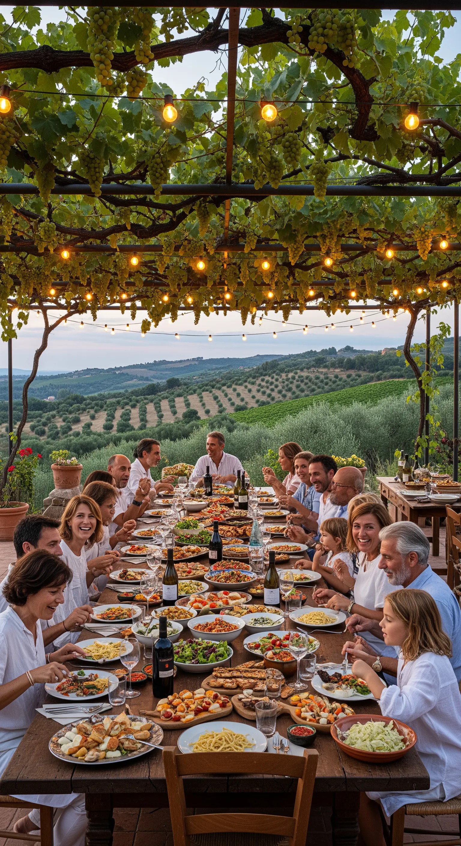 Grande famiglia riunita a cena sotto un pergolato di vite illuminato