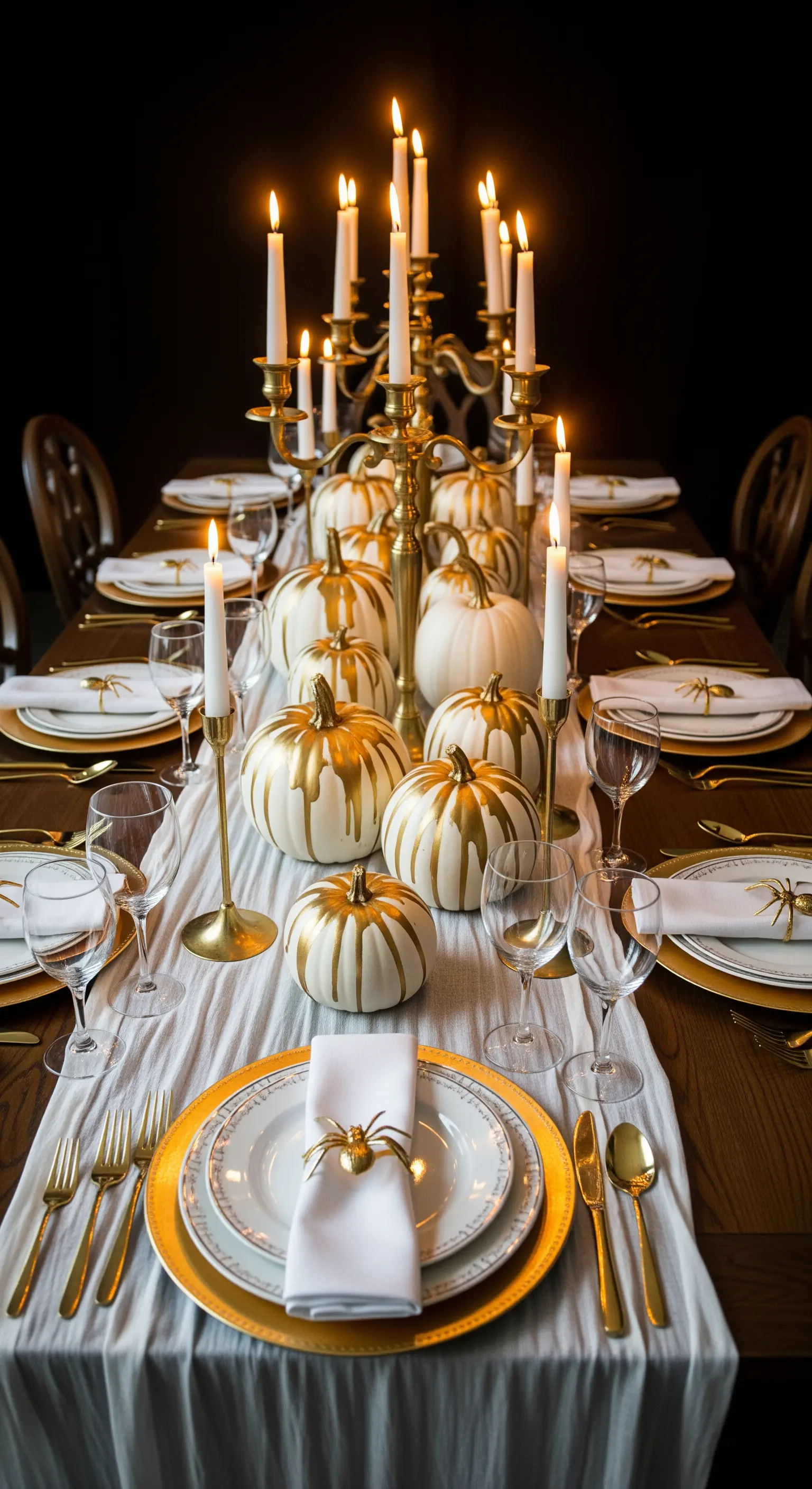 Tavola di Halloween in bianco e oro con zucche dipinte e candelabri