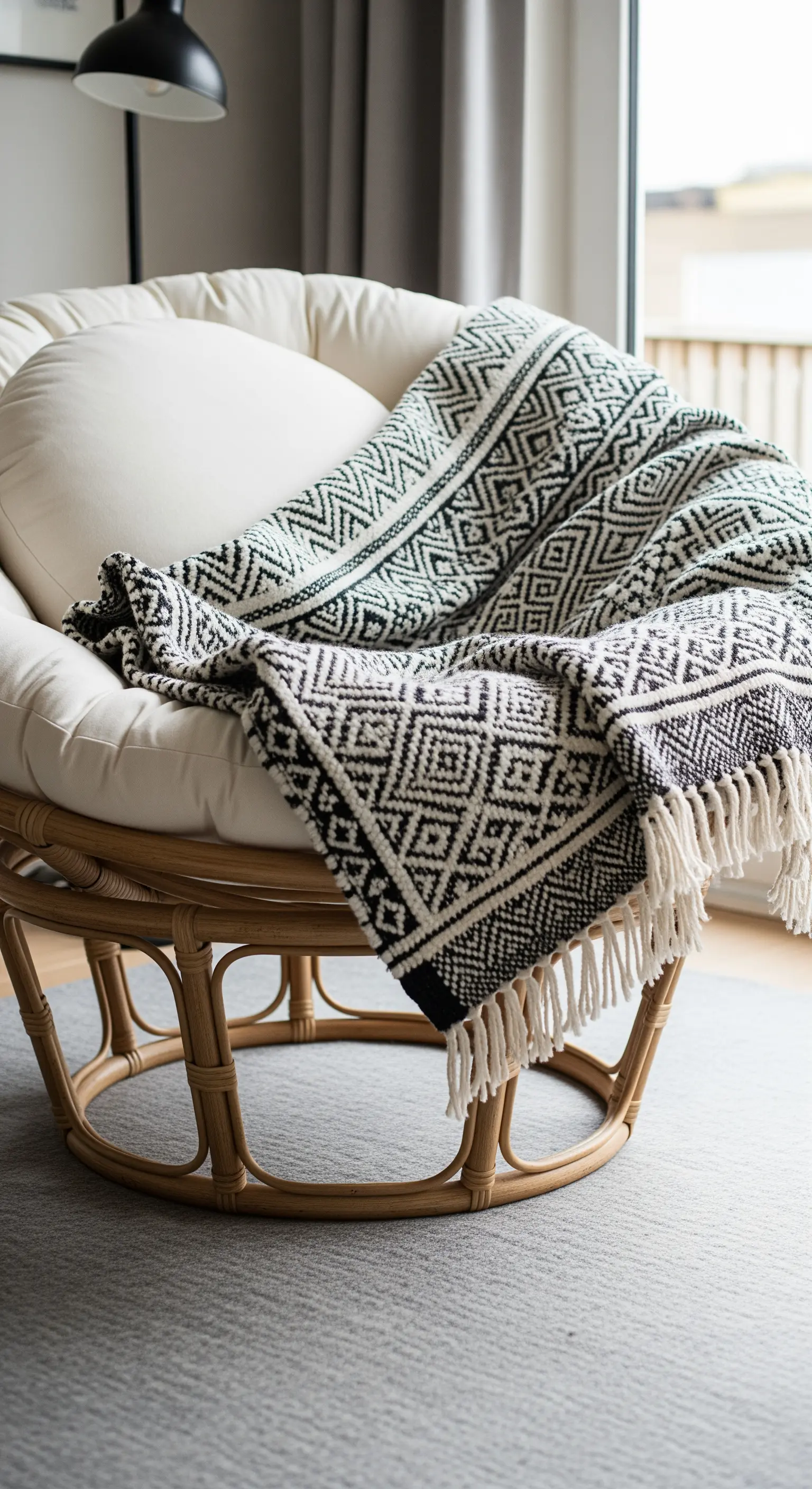 Poltrona Papasan in rattan con cuscino bianco e una coperta a motivi geometrici bianchi e neri.