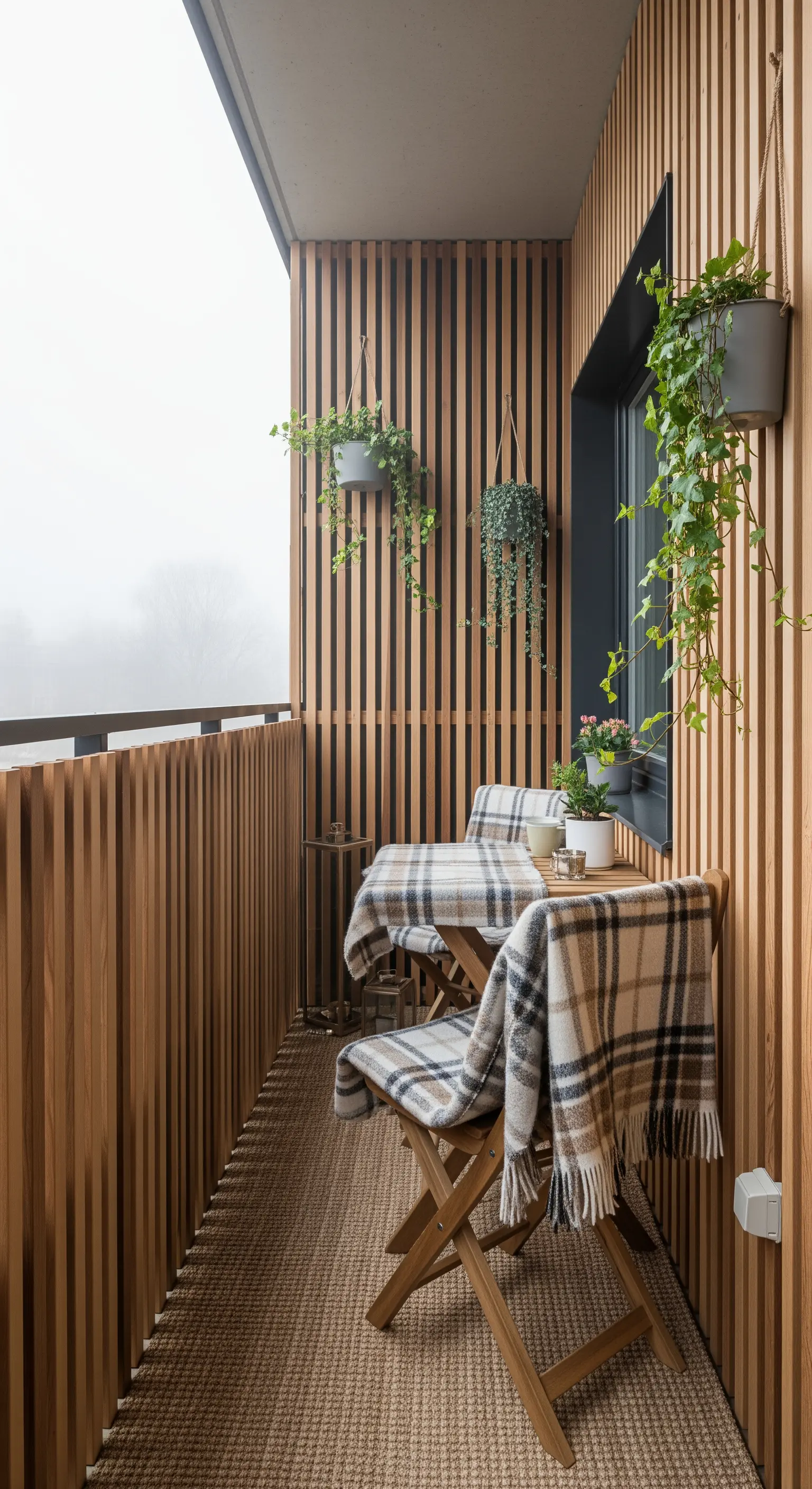 Balcone stretto rivestito con listelli di legno verticali e piccole sedie pieghevoli.