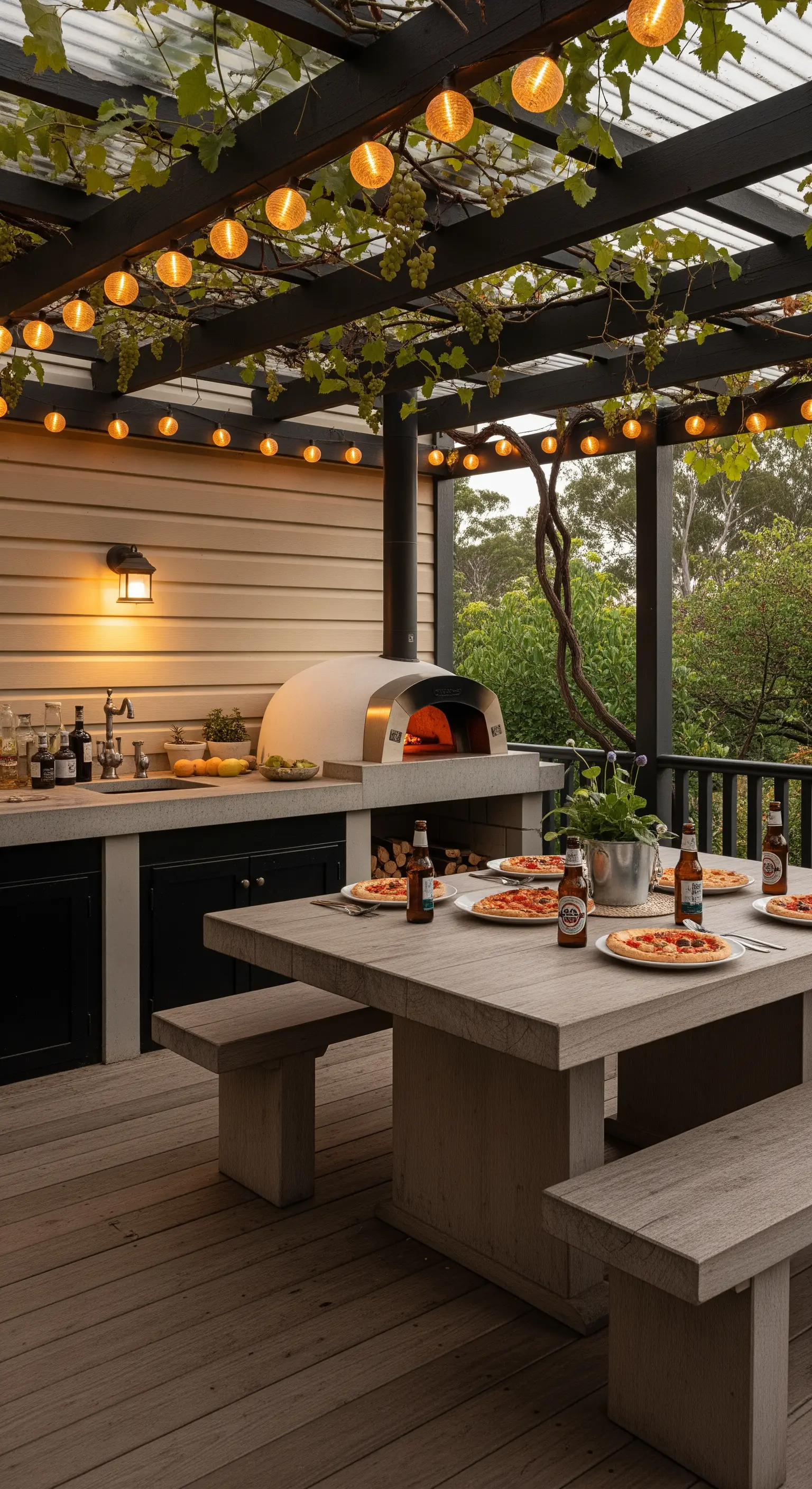 Veranda con cucina esterna, forno a legna e tavolo con panche in legno