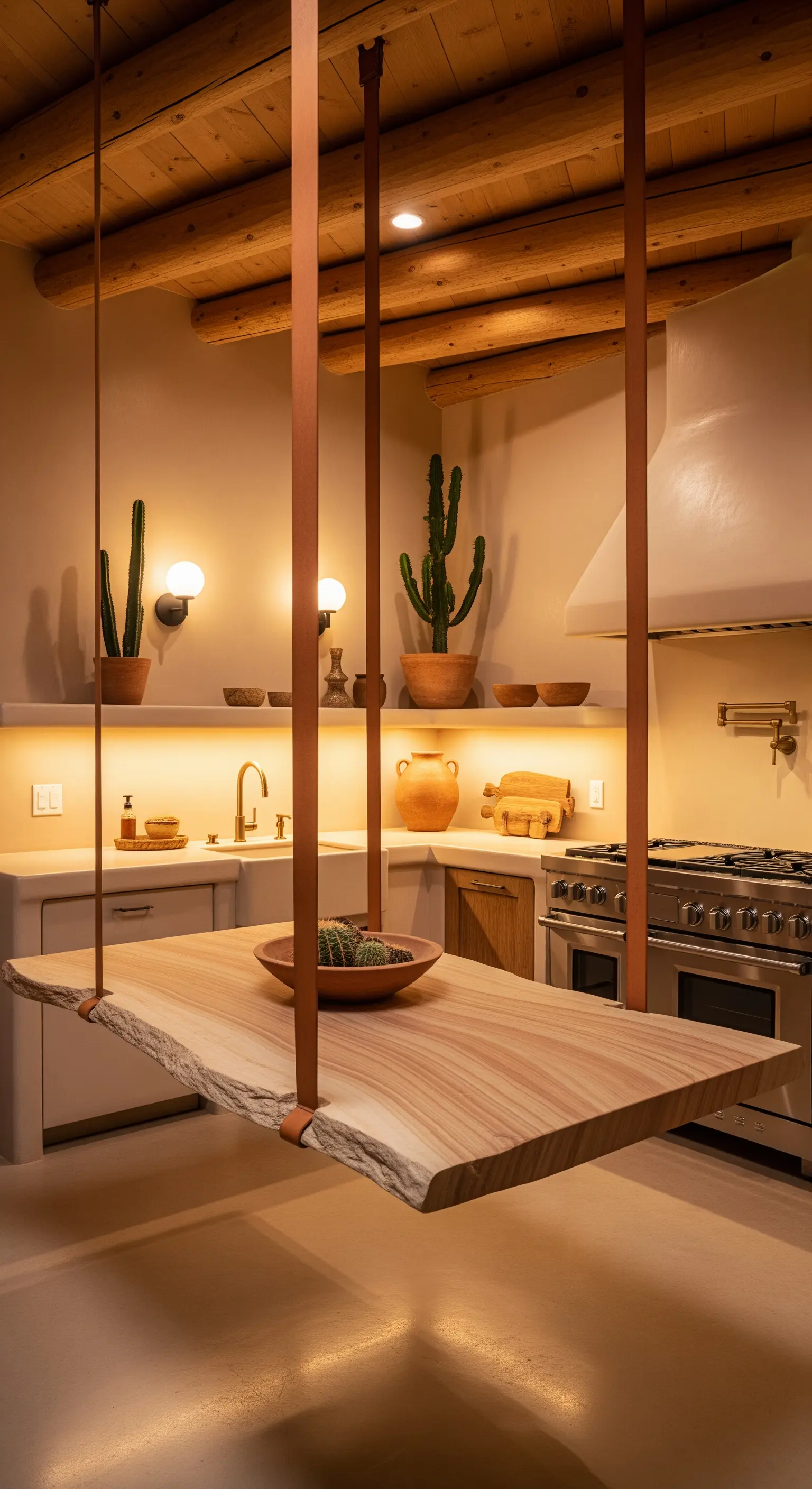 Tavolo con piano in pietra sospeso da cinghie in pelle in una cucina in stile desertico.