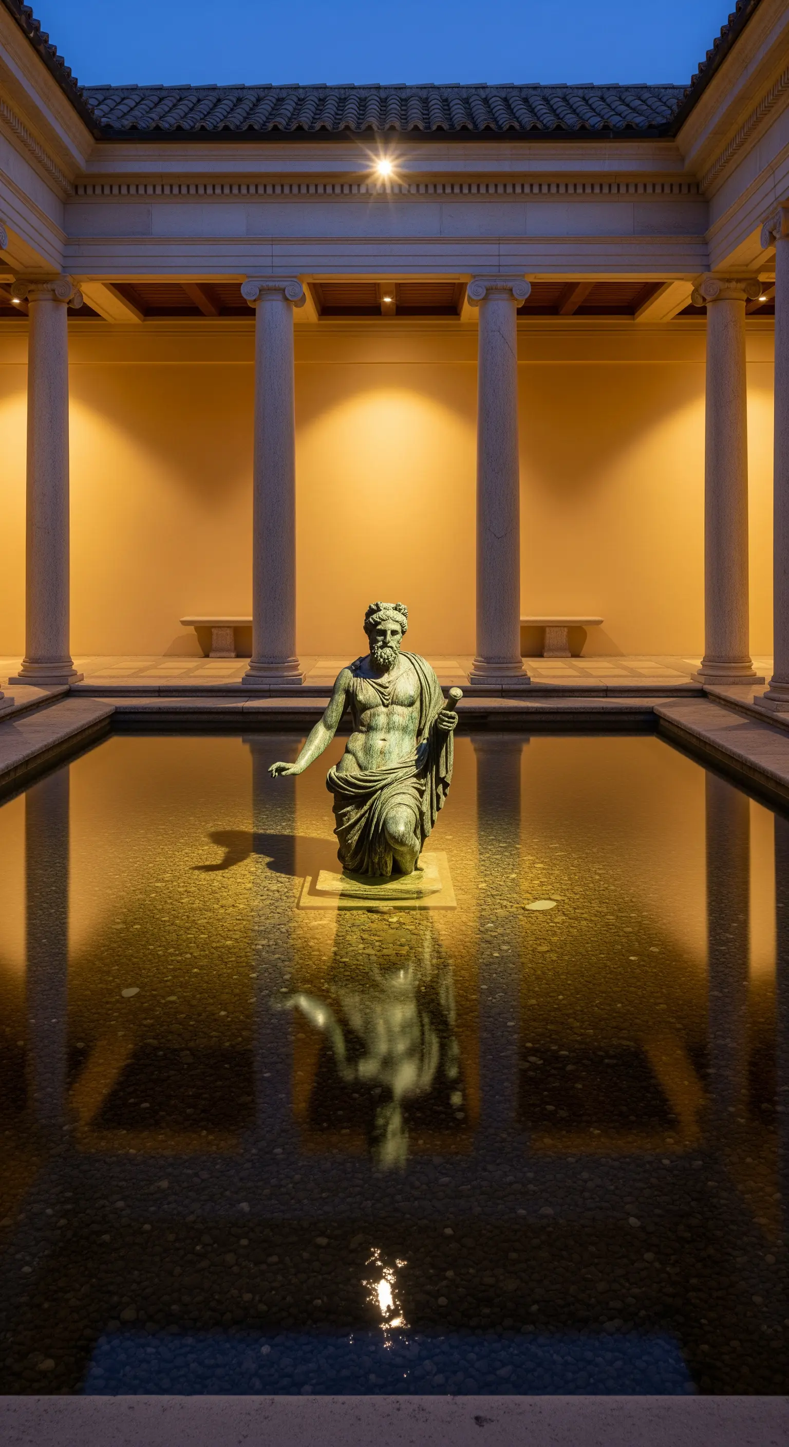 Statua di bronzo al centro di una piscina rettangolare in un cortile con colonne classiche.
