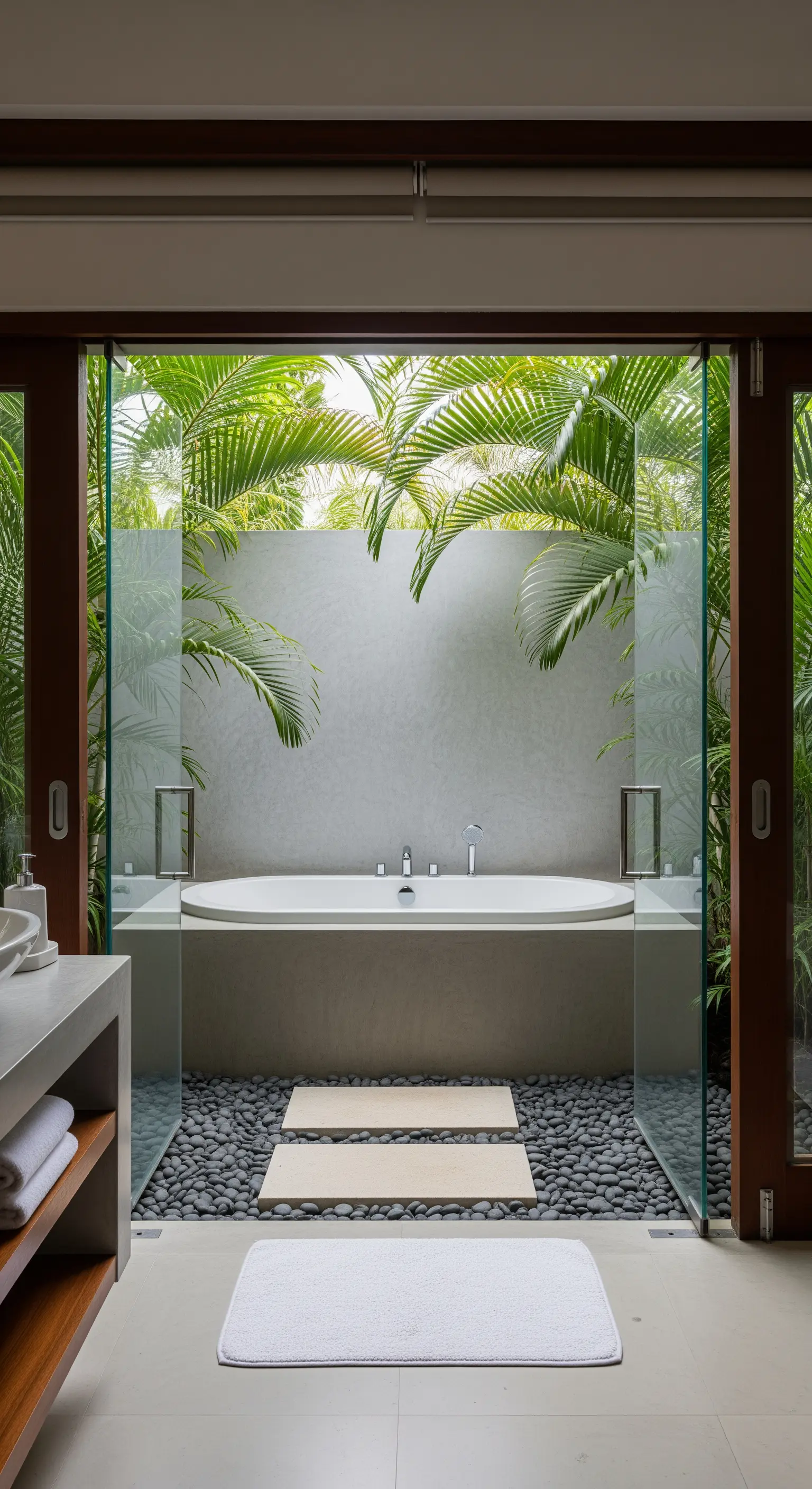 Bagno che si apre su un patio esterno con piante tropicali e pavimento di ciottoli.
