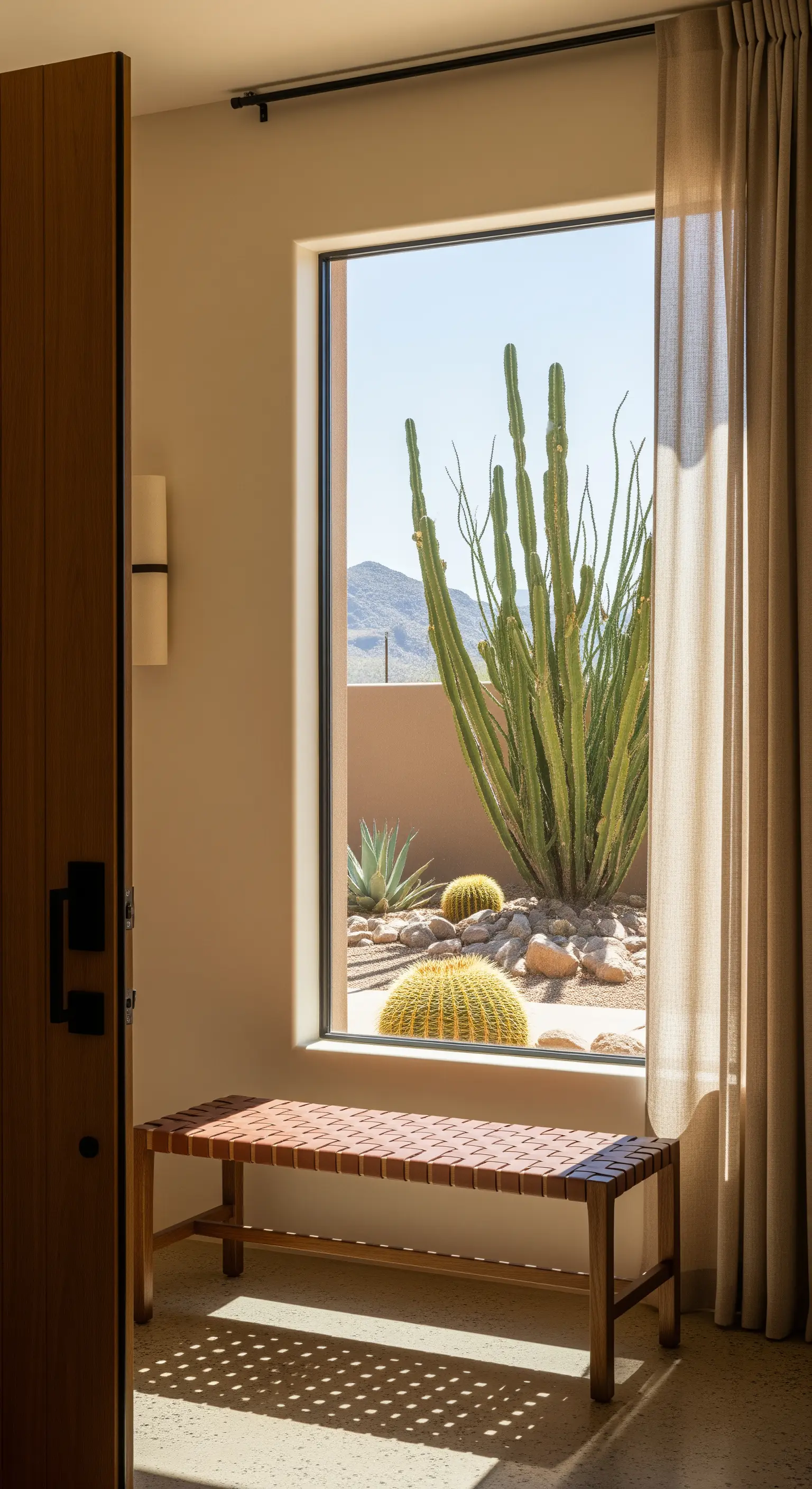 Finestra fissa che incornicia un giardino di cactus, con panca in pelle e tenda color sabbia.