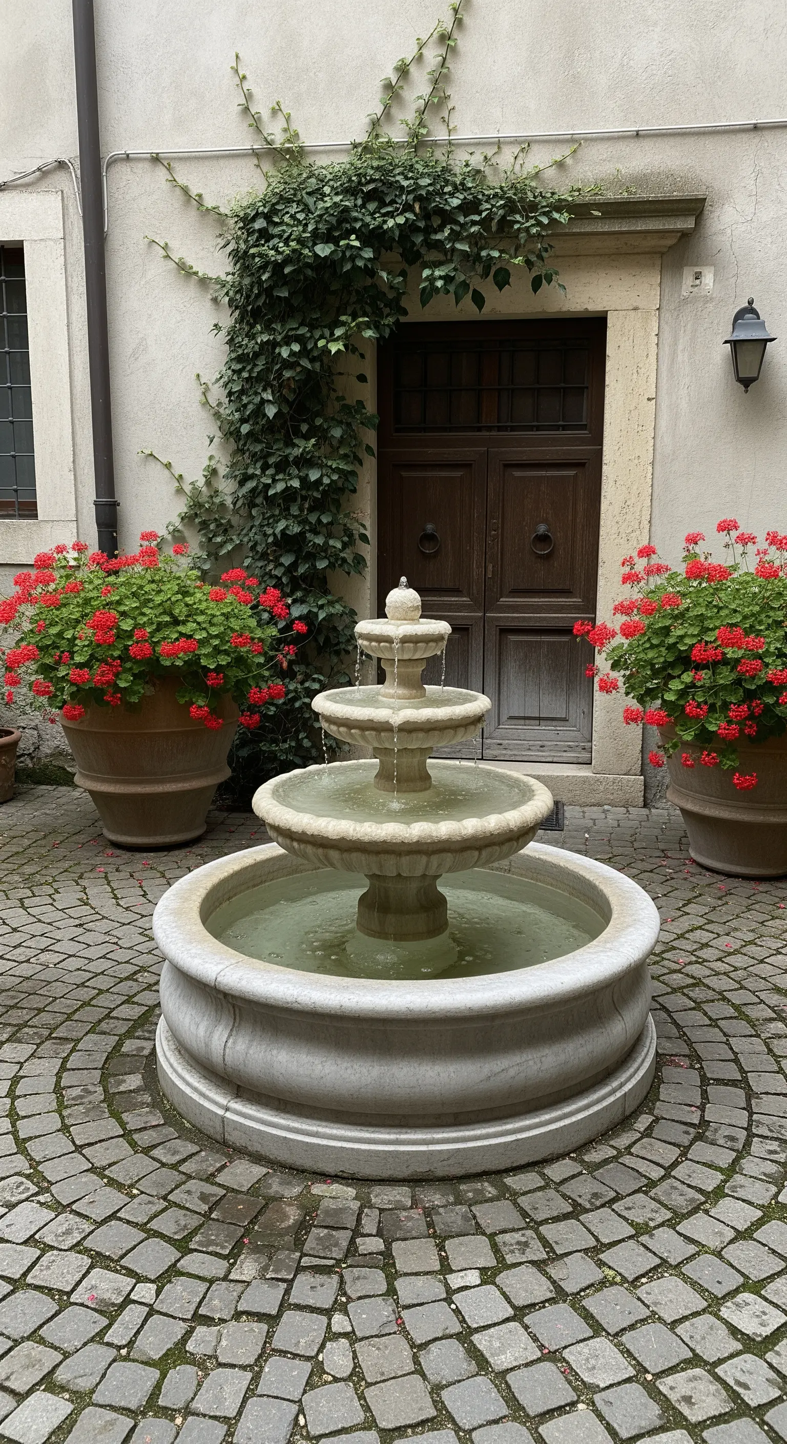 Fontana in pietra a tre livelli al centro di un cortile in ciottoli, con vasi di gerani.
