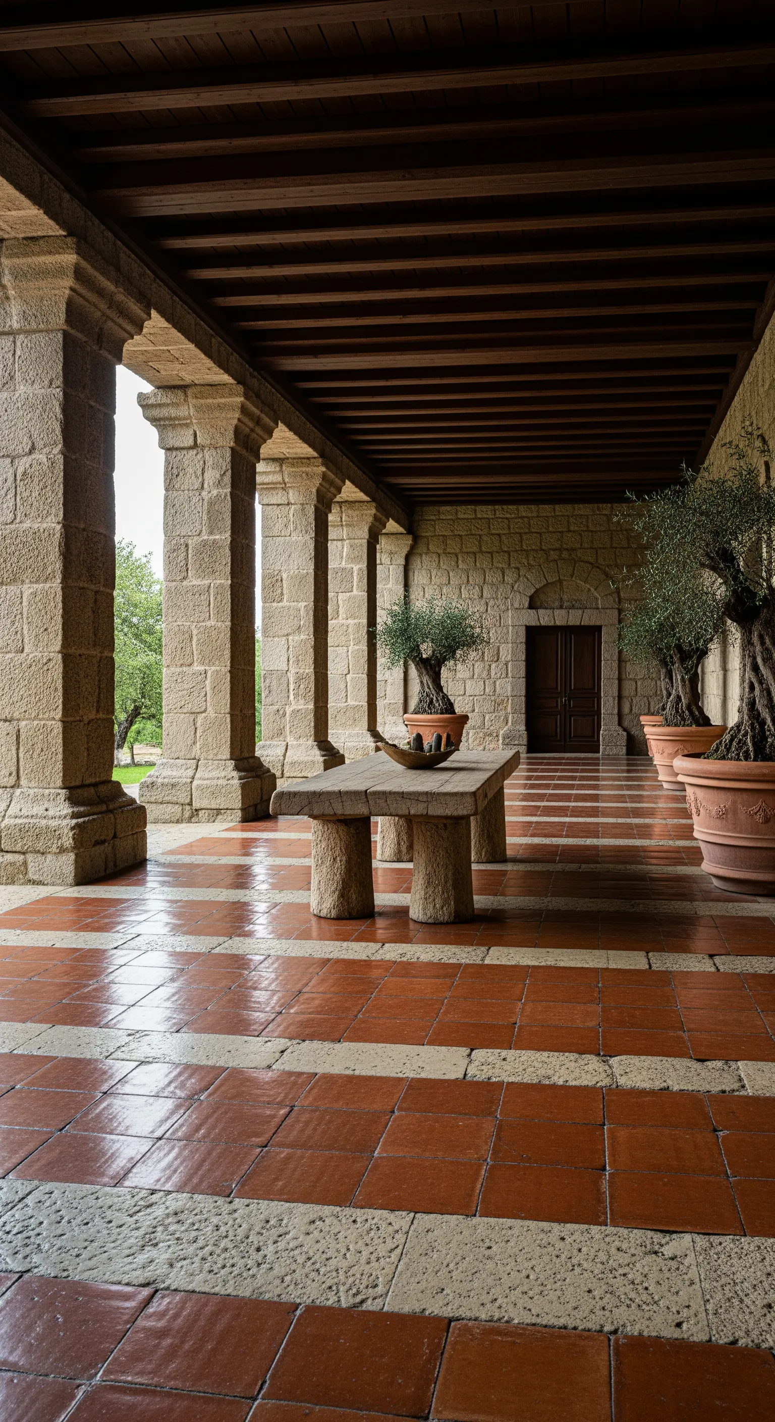 Imponente portico con colonne in pietra, soffitto in legno e tavolo scultoreo.