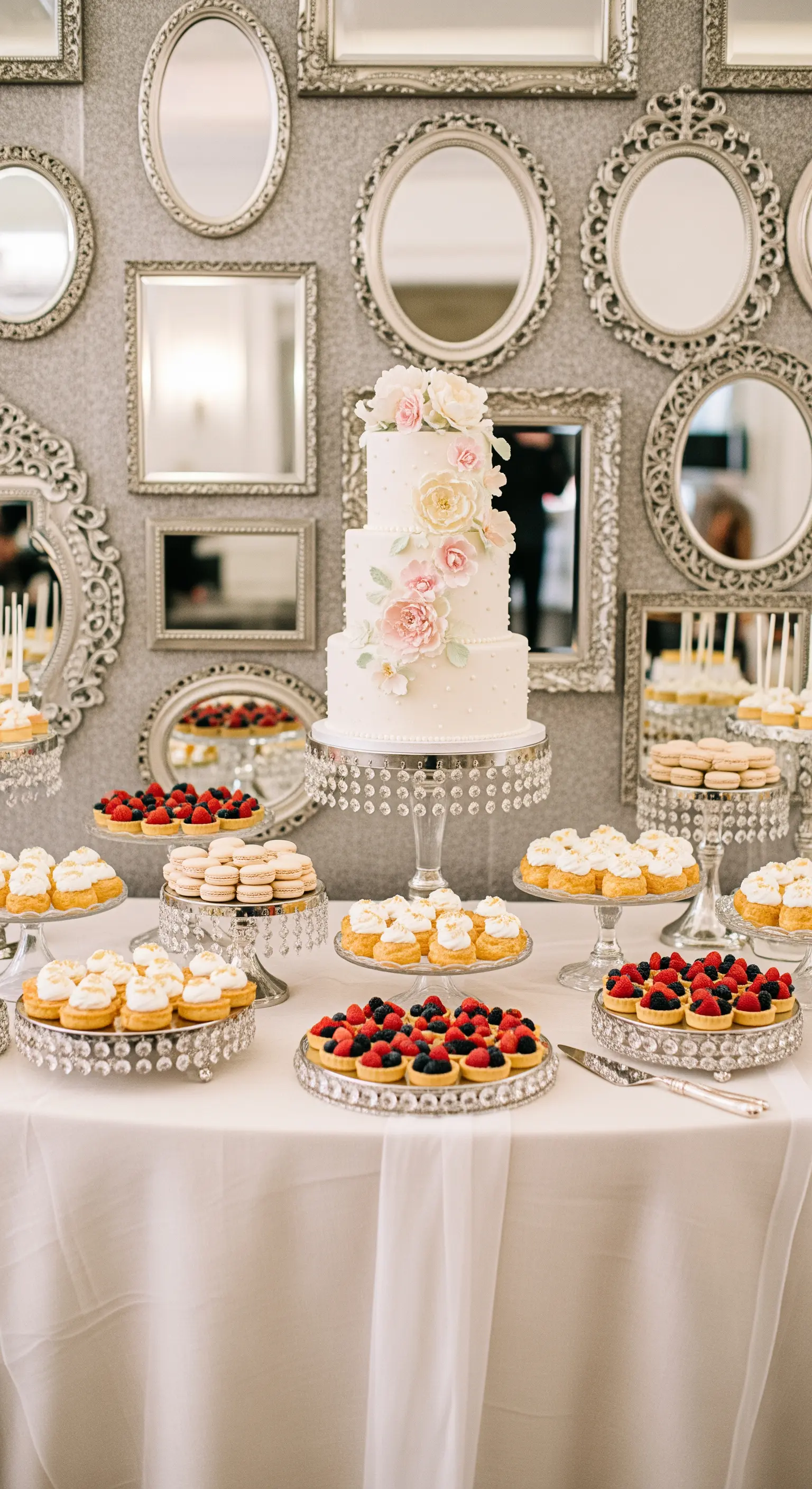 Sweet table con torta nuziale e pasticcini davanti a una parete decorata con specchi vintage.