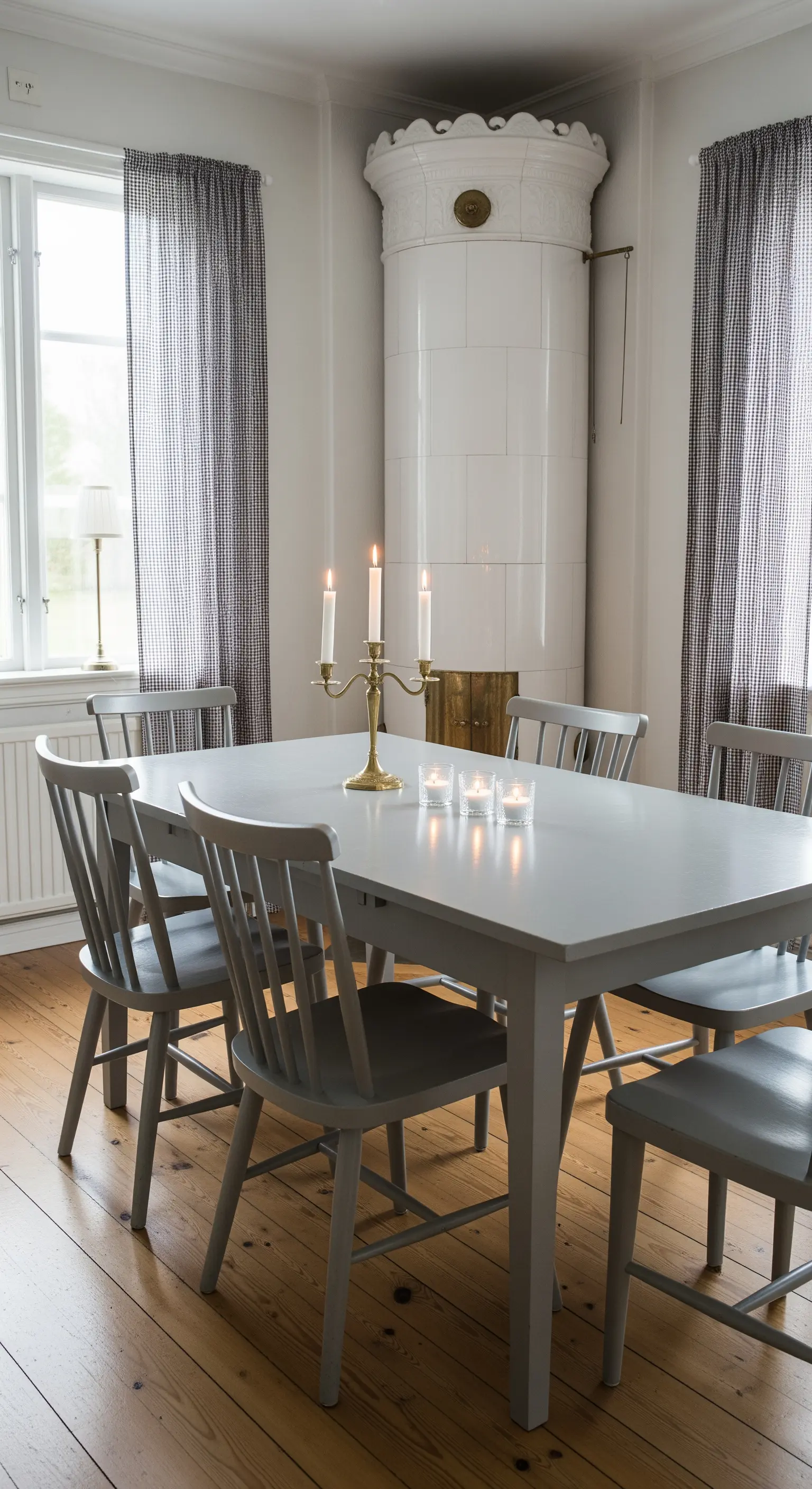 Sala da pranzo scandinava con stufa in maiolica bianca, tavolo e sedie grigie.