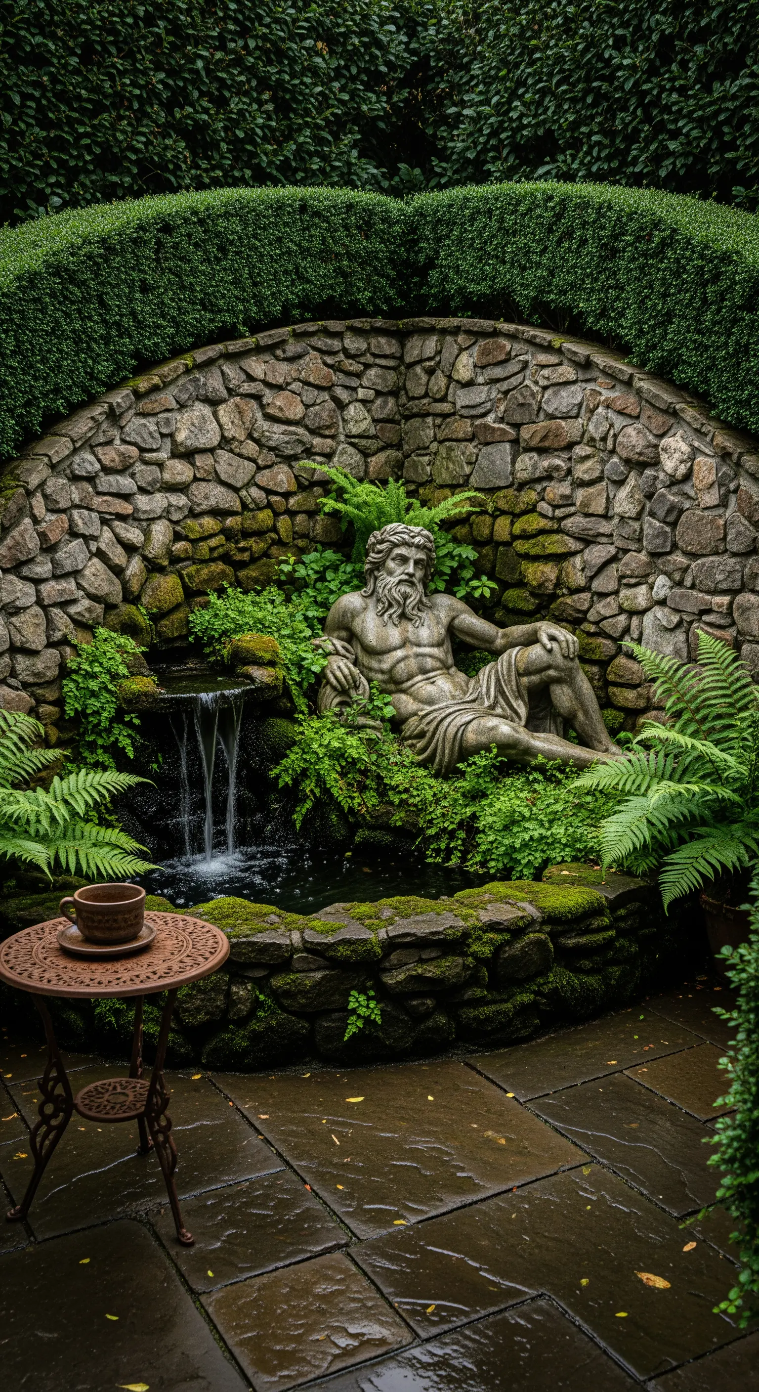 Statua classica sdraiata in una grotta di pietra con una piccola cascata e felci.