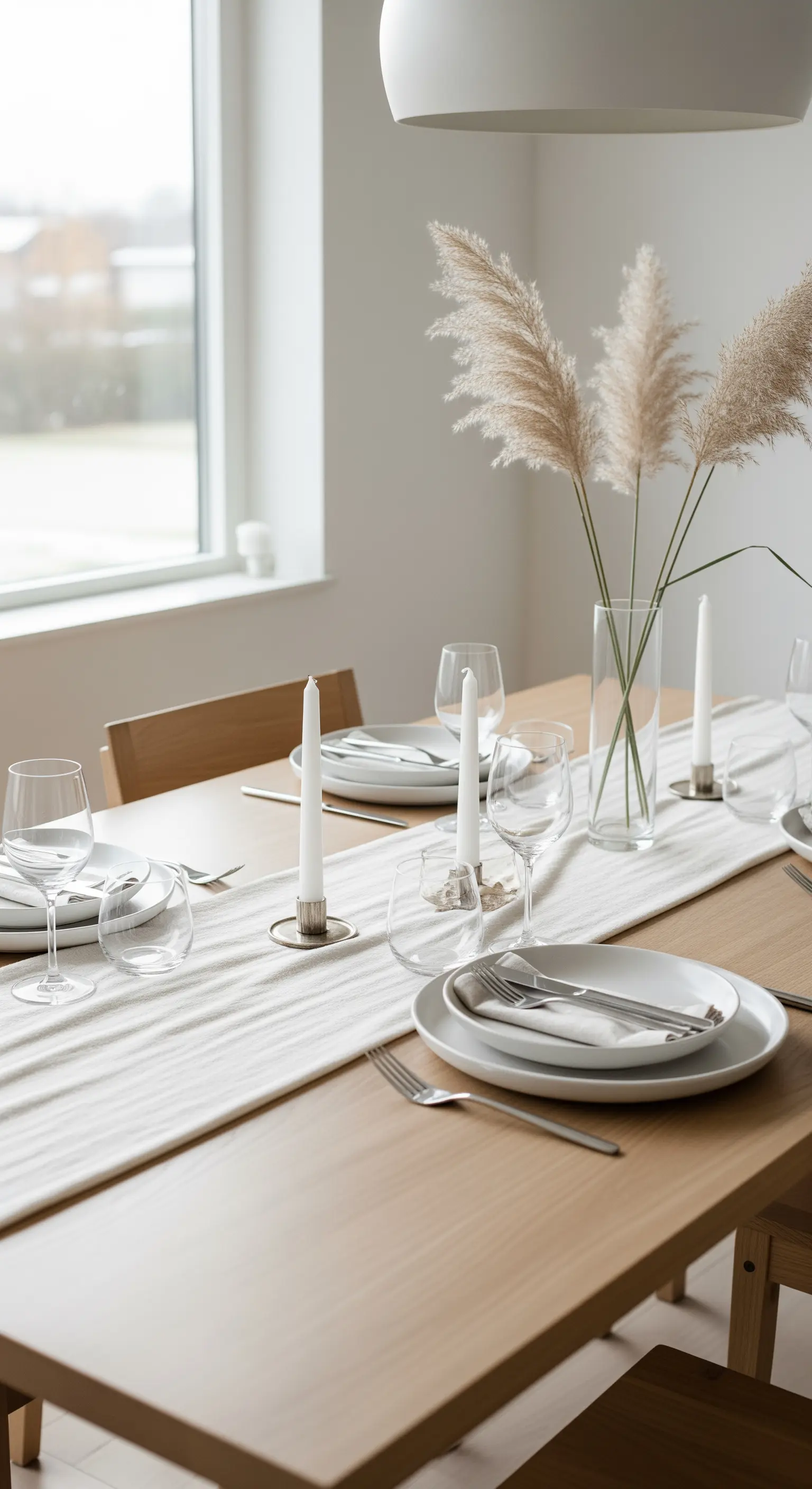 Tavola autunnale minimal con runner in lino e pampas grass.