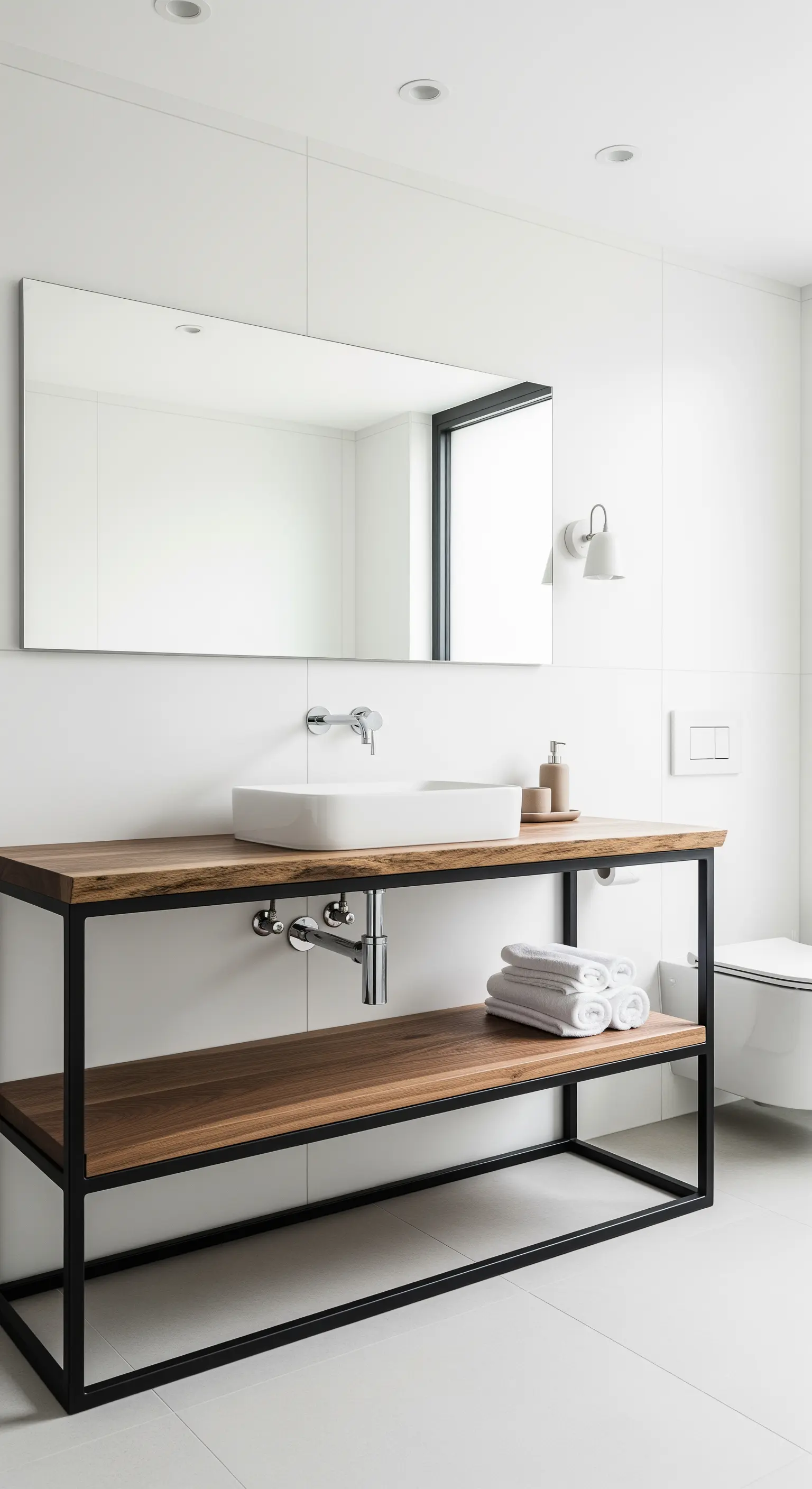 Mobile bagno aperto con struttura in metallo nero e due ripiani in legno.