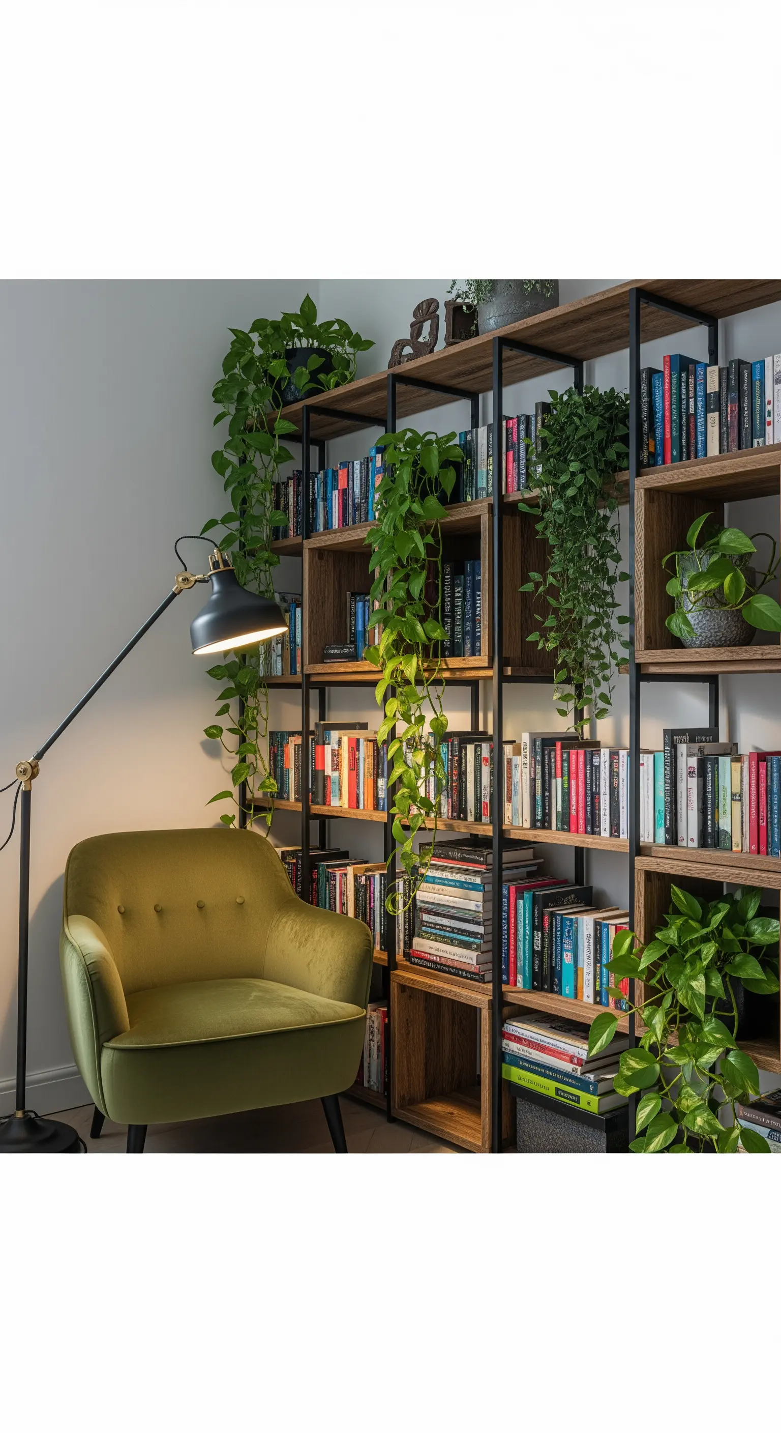 Libreria a tutta altezza in legno e metallo nero, con piante ricadenti e poltrona in velluto.