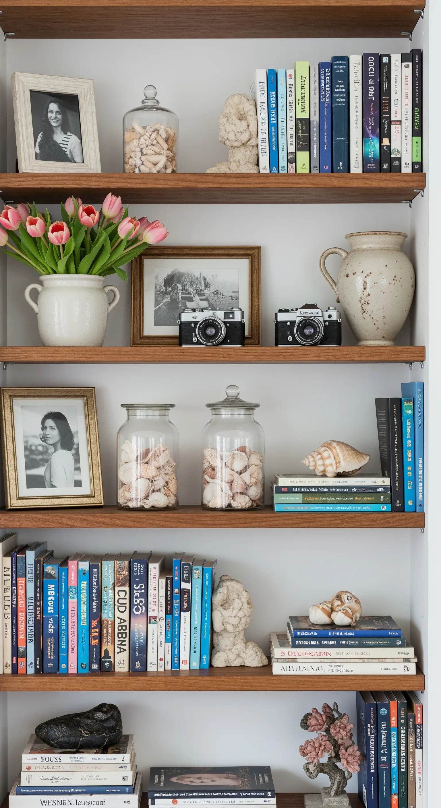 Libreria in legno con libri, foto di famiglia, vecchie macchine fotografiche e vasi con conchiglie.