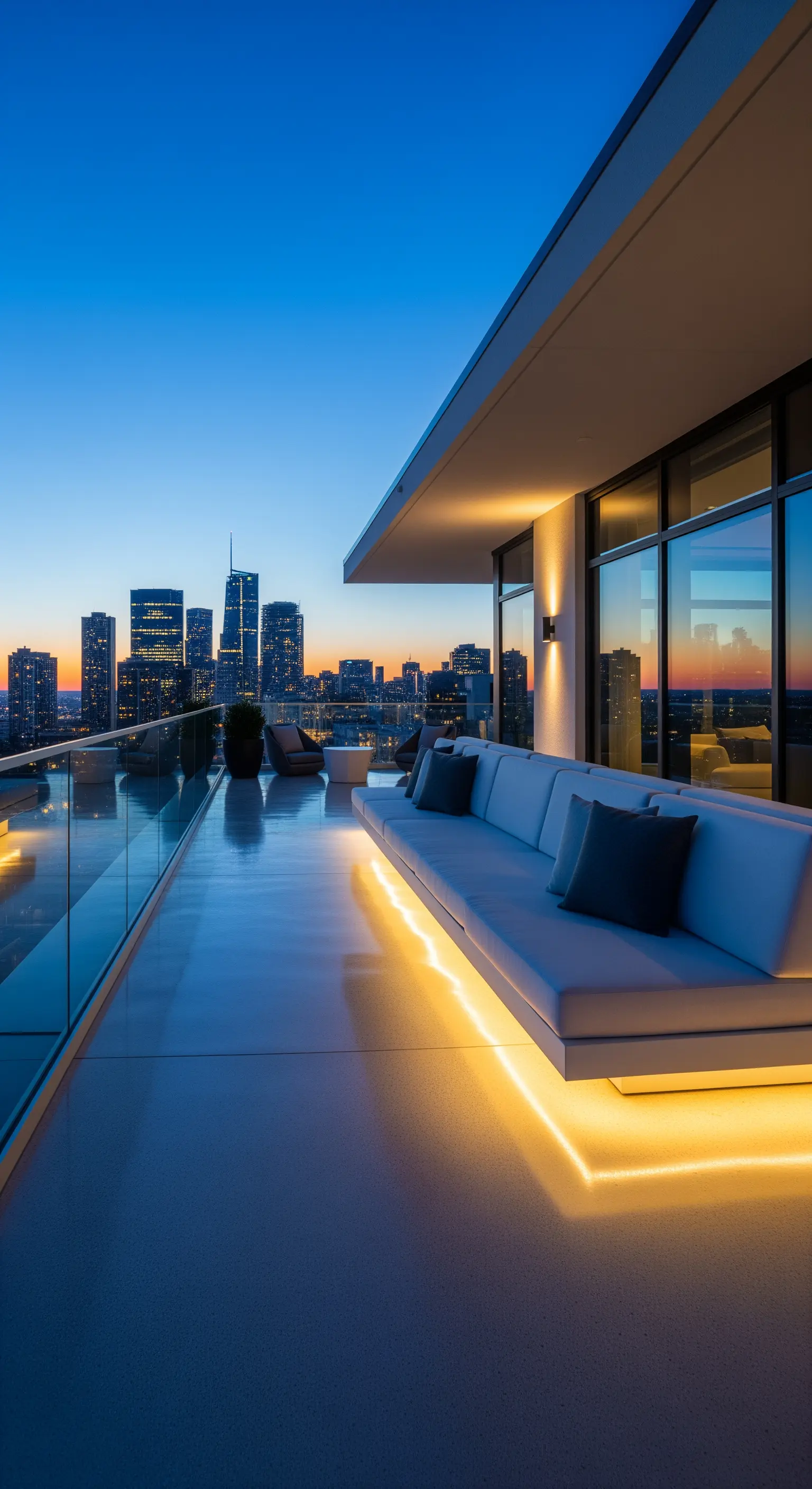 Divano moderno con illuminazione LED integrata su una terrazza panoramica al tramonto.