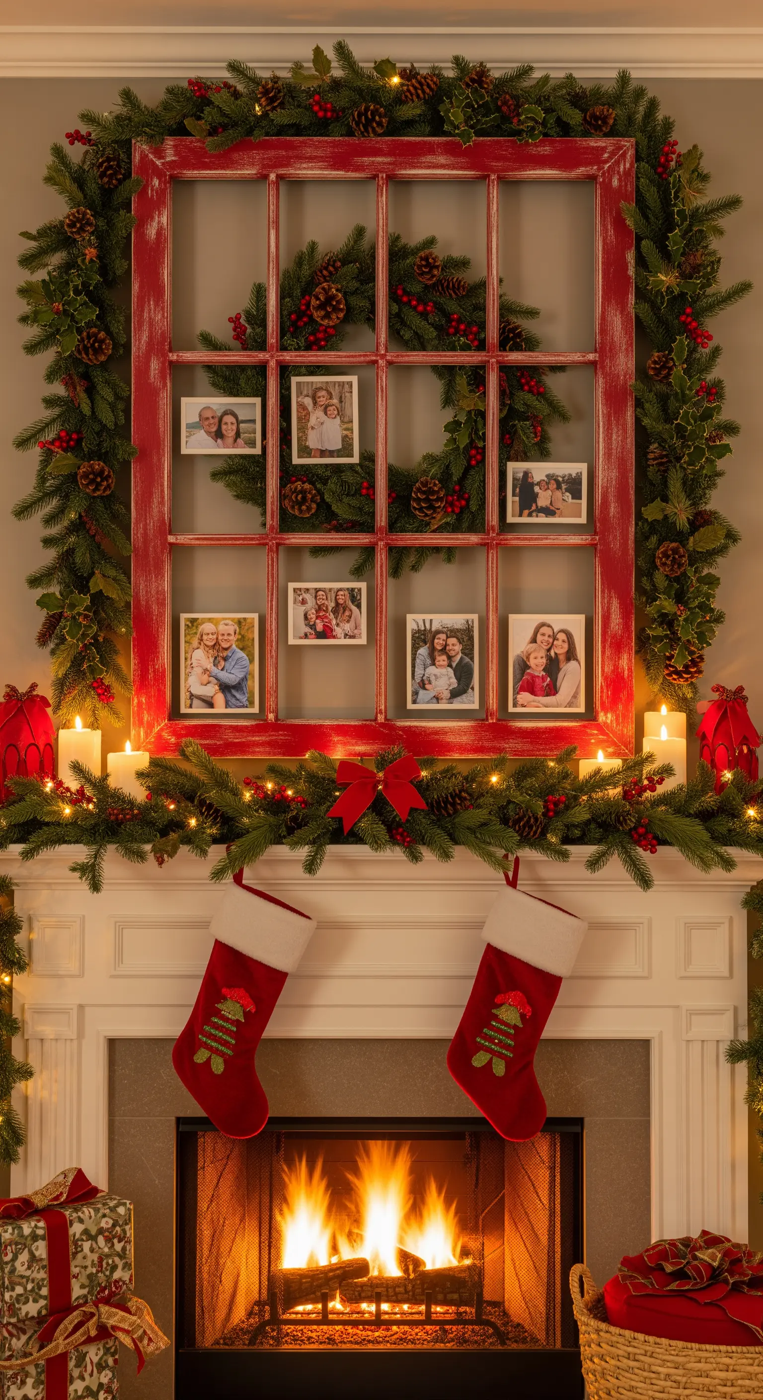 Finestra rossa decorata con ghirlande natalizie e foto di famiglia, sopra un camino acceso.