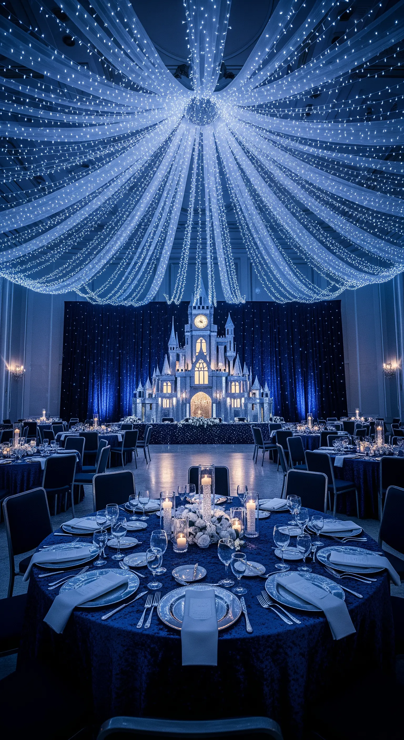 Allestimento per festa a tema Cenerentola con castello, luci blu e tavoli imperiali.