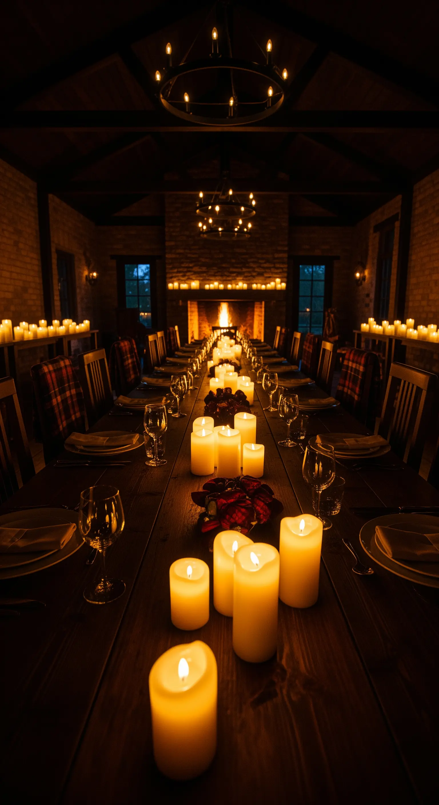 Lungo tavolo da pranzo in una stanza buia, illuminato solo da un centinaio di candele di diverse altezze.
