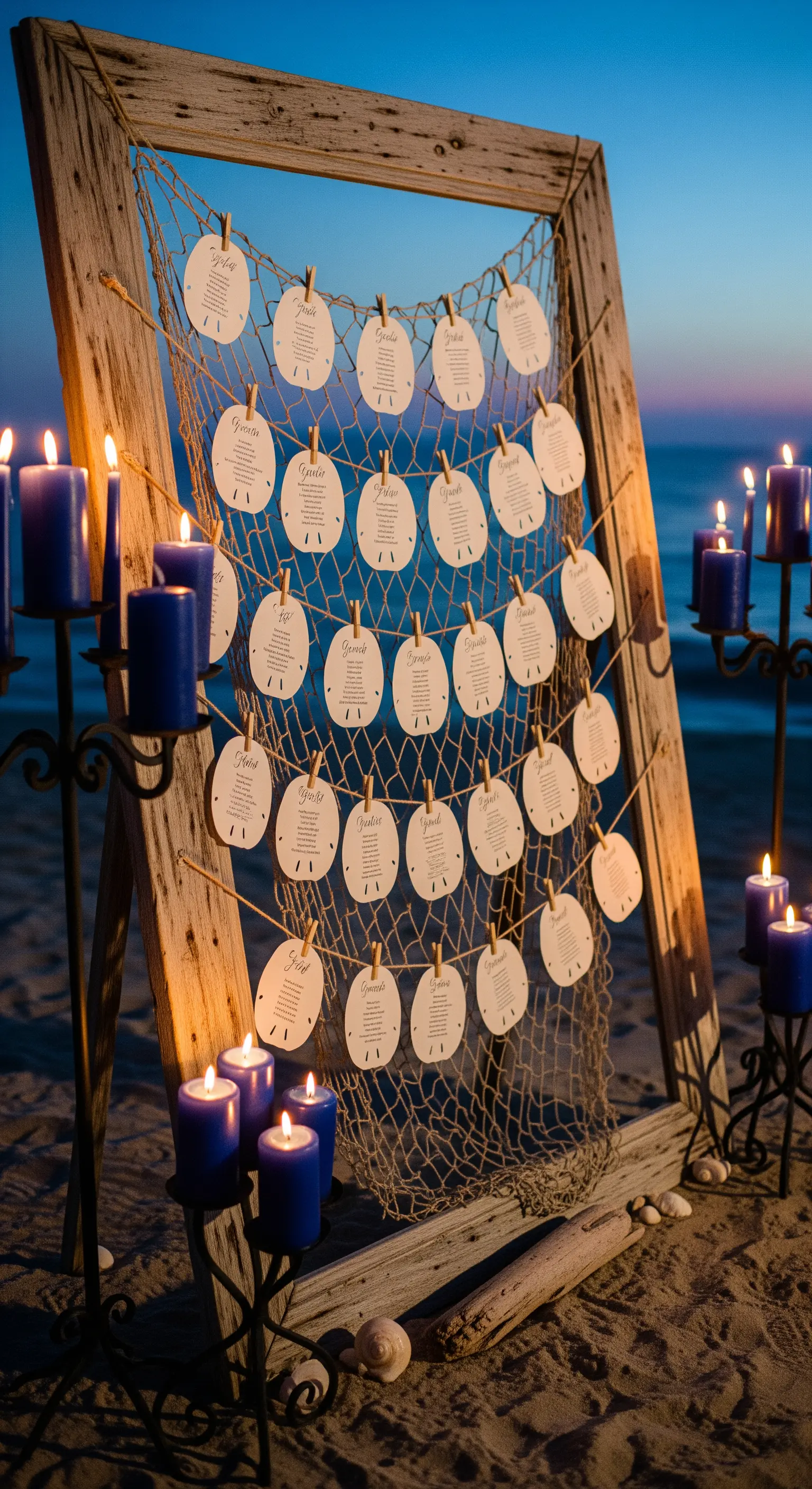 Tableau de mariage con cornice in legno, rete da pesca e cartoncini a forma di conchiglia