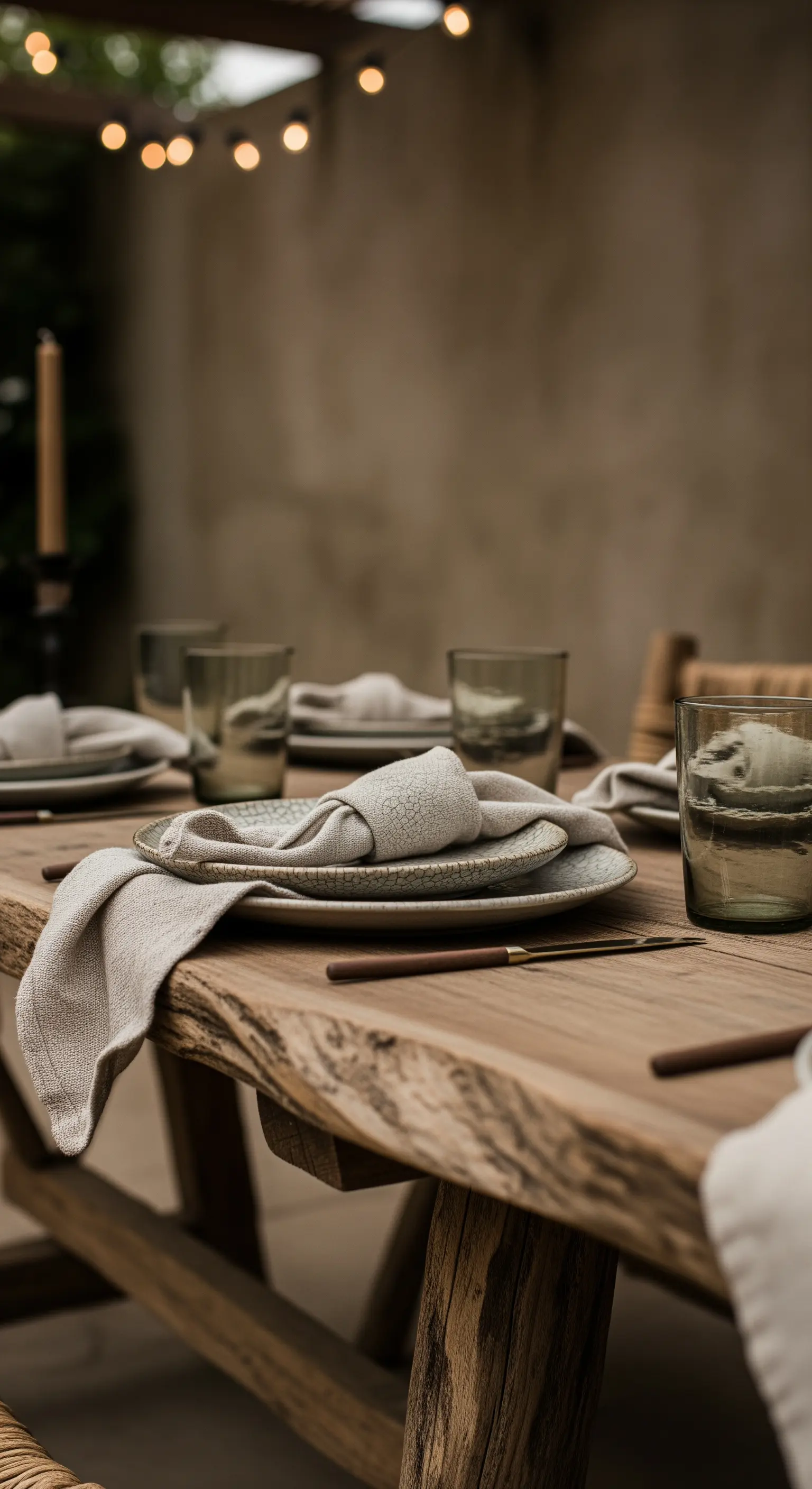 Primo piano di una tavola apparecchiata con piatti in ceramica grezza e tovaglioli di lino.