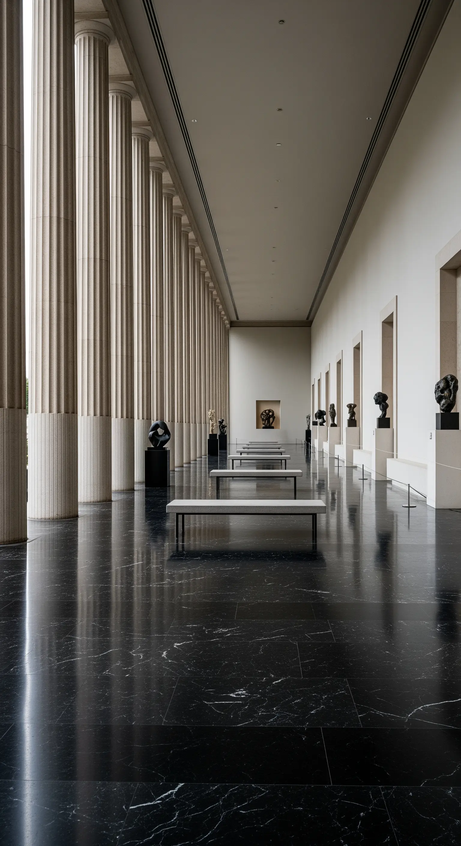 Lunga galleria con colonne imponenti e un pavimento lucido in marmo nero che riflette l'ambiente