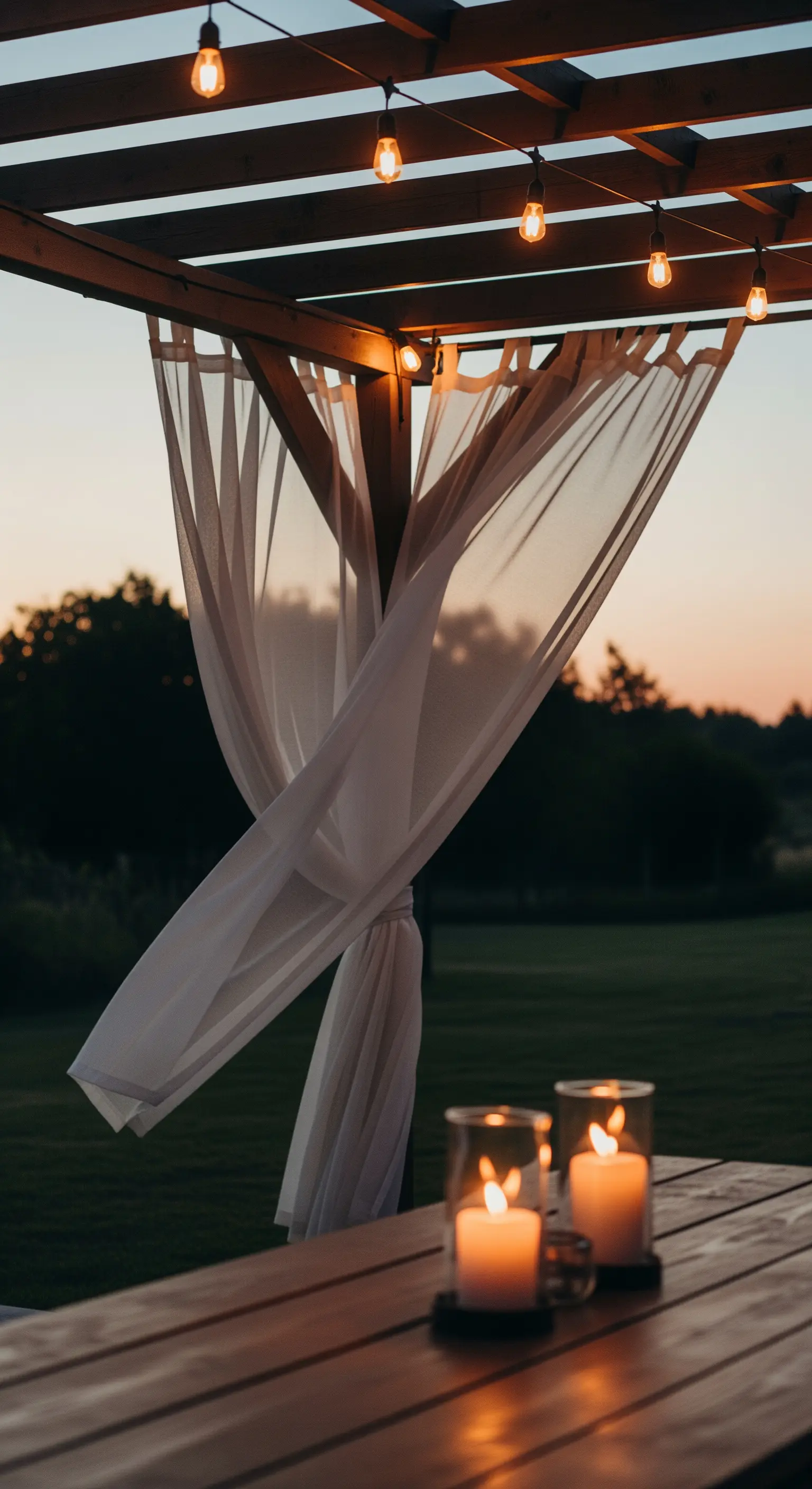 Tenda bianca leggera annodata a un palo di un pergolato al tramonto, con candele sul tavolo.