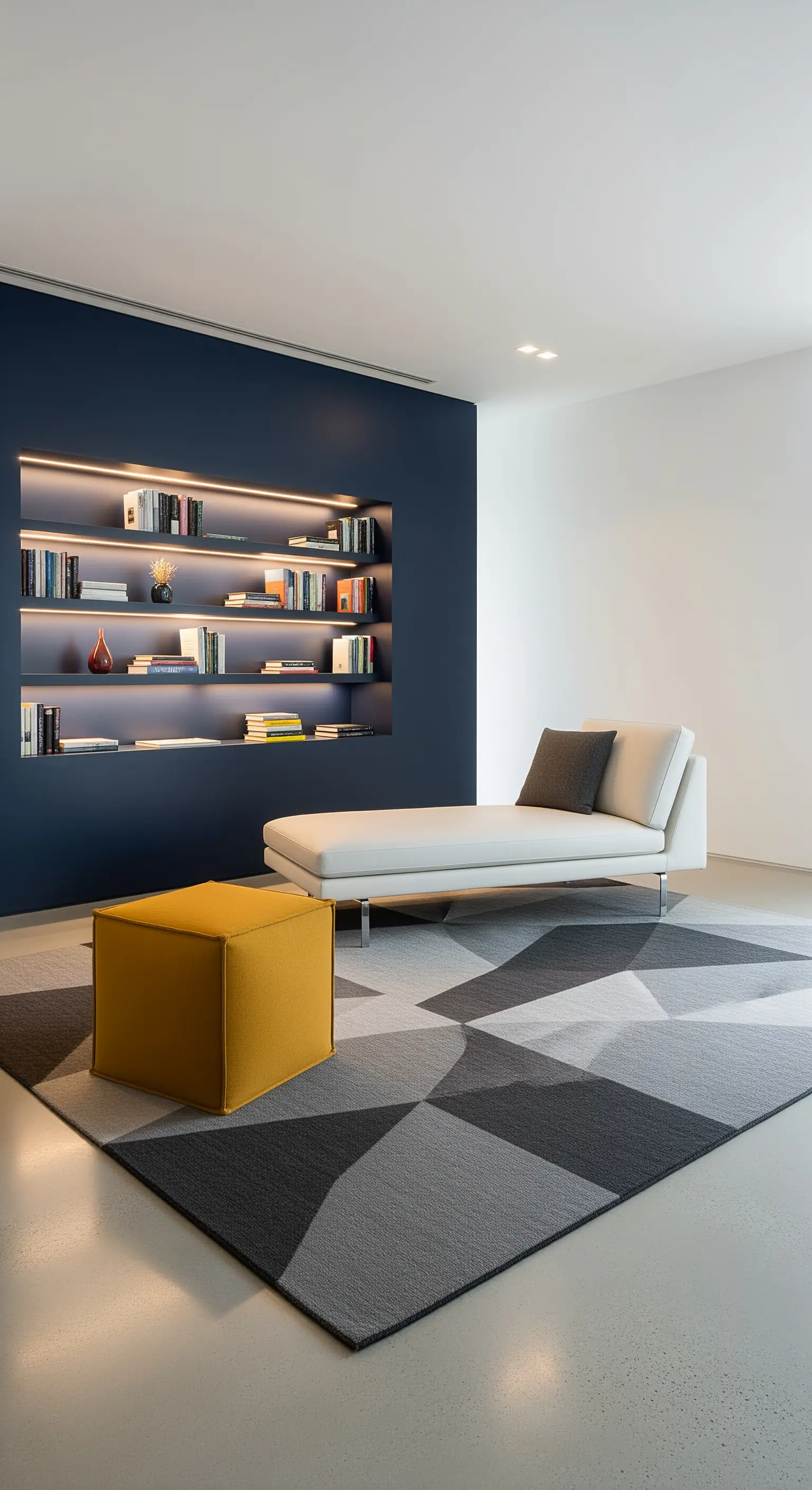 Parete blu notte con nicchia-libreria retroilluminata, chaise longue bianca e pouf senape.